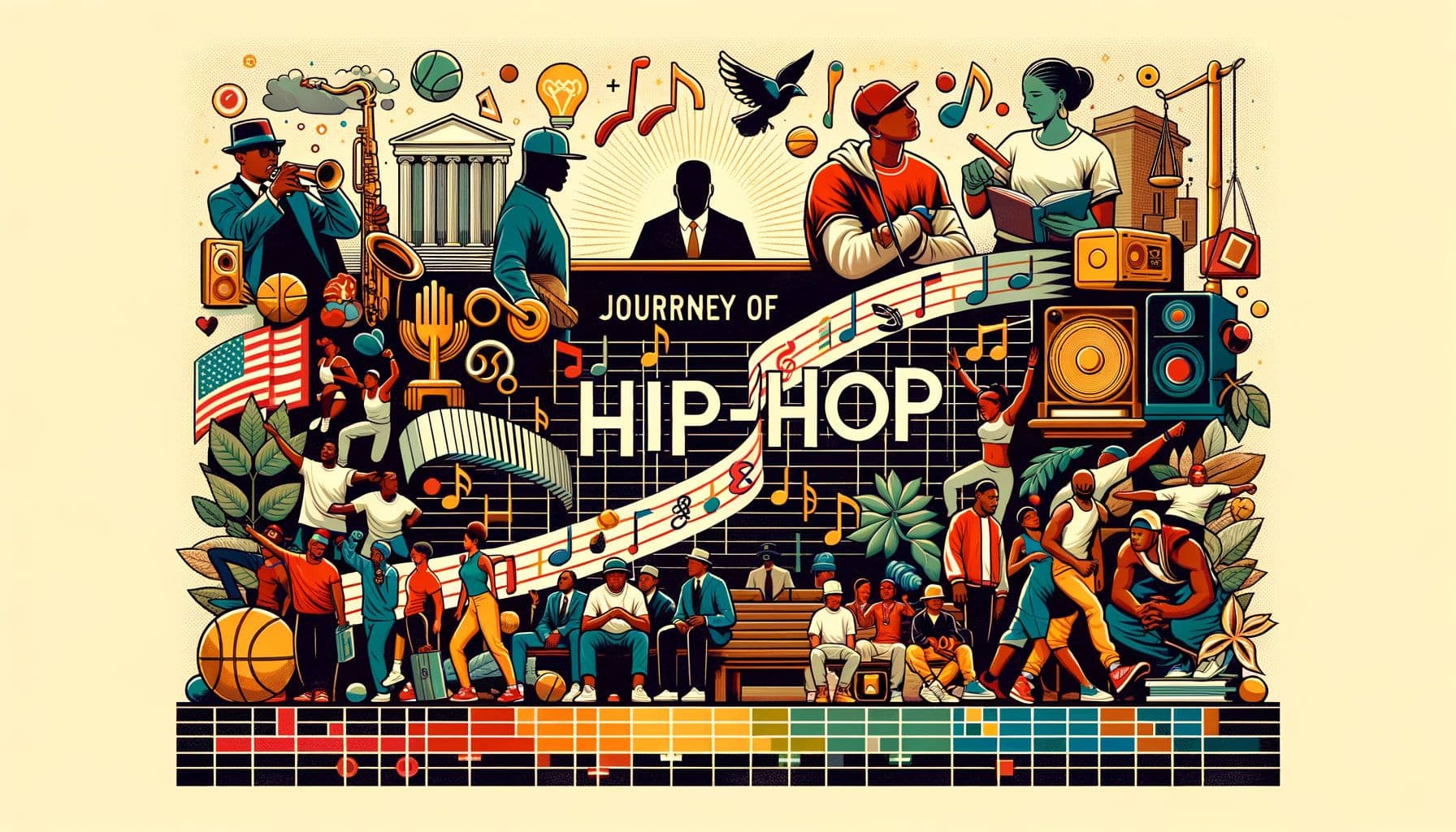 Create a 16:9 image with 1792 pixels showcasing the journey of hip-hop music. Start from its historical roots depicted through courtroom dramas and health advocacy work, towards its vibrant evolution in the modern era. Include elements to represent its recognition as an Olympic sport. Use neutral and diverse representations of people, making sure to incorporate symbols of justice and elements associated with the Hip-hop musical genre.