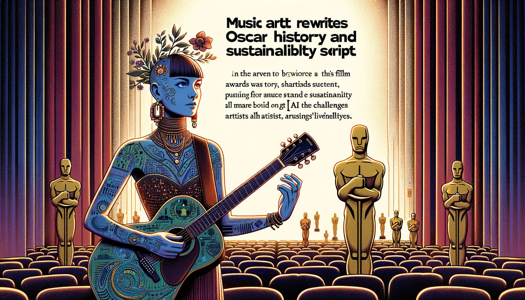 An image representing an article with the title: 'Music Artist Rewrites Oscar History And Sustainability Script'. The image depicts a female musician who has a unique, bold style winning big at a famous film awards event while pushing for change in the music industry. The image also addresses the challenges posed by AI to artists' livelihoods. All this is presented in a 16:9 ratio with 1792 pixels.