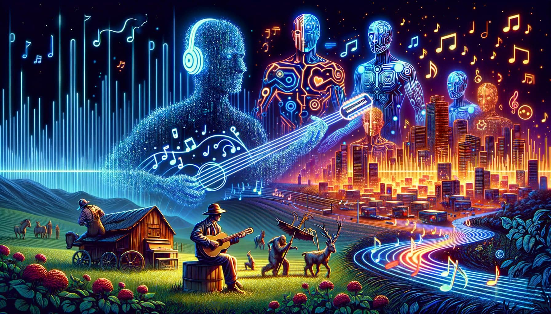 Illustrate a 16:9 ratio image that depicts 1792 pixels. Show the evolution of electronic music through vivid imagery. The foreground should be dominated by a traditional farm scene portraying Andy Cato's background, perhaps by showcasing musical instruments subtly interspersed among farm tools. In the mid-ground, transition to artificial intelligence by showing humanoid forms composed of musical notes and coding symbols. The background should showcase innovative tech gadgets expressed as futuristic city outlines glowing with neon lights, pulses, and wavelength symbols. Overlay the scene with a large, stylish title: 'Synthesizing Beats and Bytes in Electronic Music's Latest Wave'.