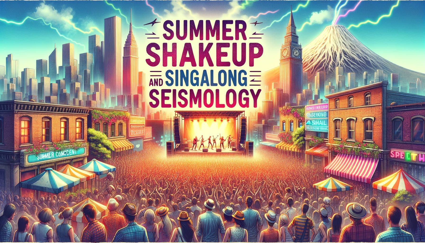 Create an image featuring a lively summer concert, with music enthusiasts and travellers bustling around in the city. The concert has a shakeup theme, marked by unexpected turns in the event schedule. High on energy, the atmosphere resembles the vibrancy and impact of seismic activities. Construct the title as 'Summer Shakeup Swifties and Singalong Seismology'. The image should have a 16:9 ratio and be 1792 pixels wide.