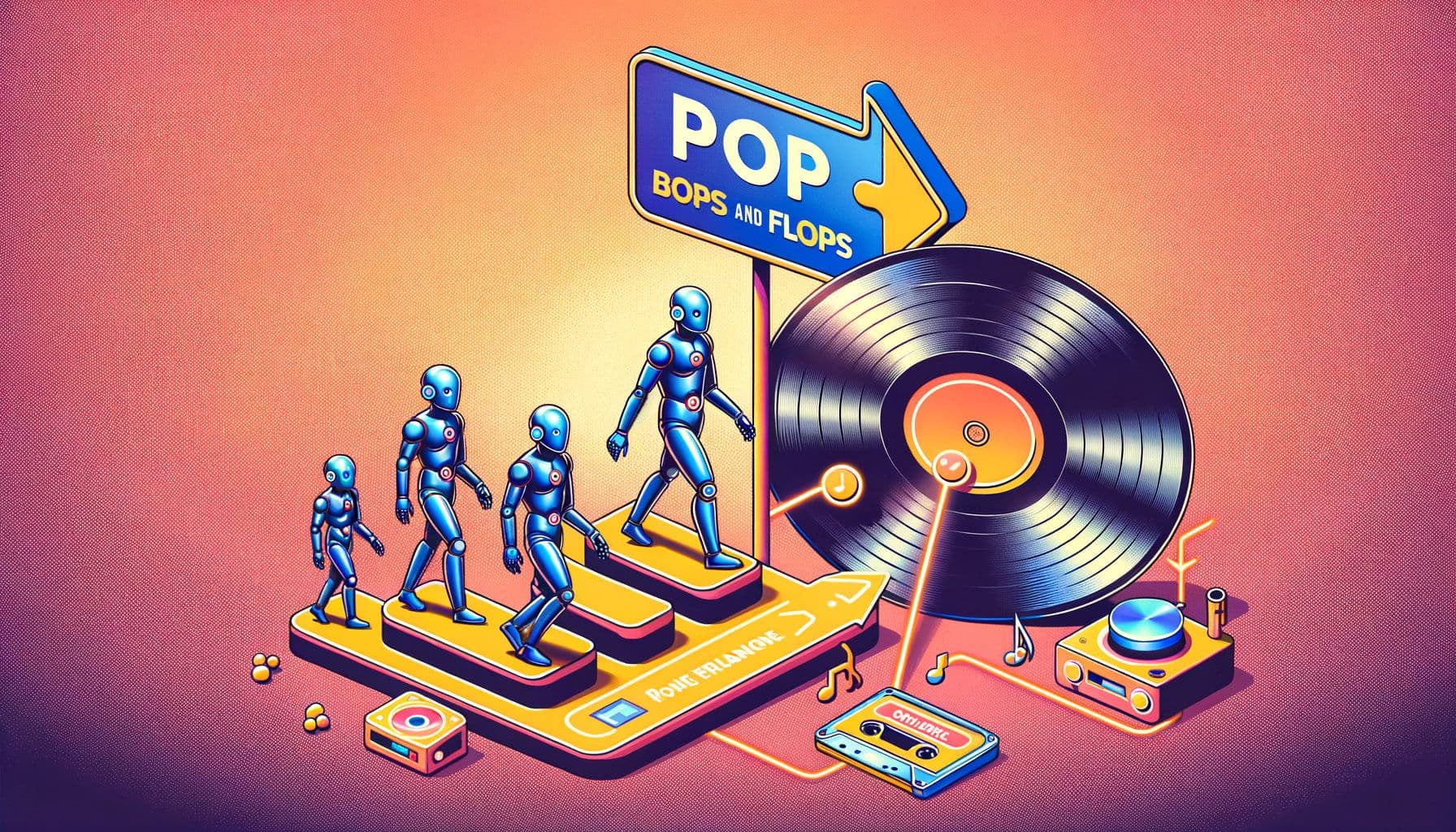 Create an image for an article about pop music. The title of the article is 'Pop Bops and Flops'. It discusses the evolution of music, from digital LPs to AI doppelgangers, and how these changes are captivating audiences worldwide. The image should be visually appealing and designed to draw the reader's attention. It could include elements like a LP record transitioning into an AI figure, possibly implying the idea of music's evolution. The image must be in a 16:9 ratio with 1792 pixels.