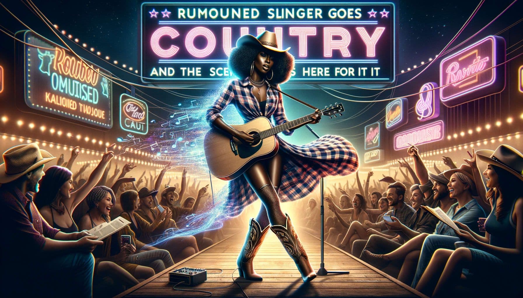 Generate an image for a Country Music article with the title 'Renowned Singer Goes Country And The Scene Is Here For It'. The featured singer is a black woman, she dazzles with a country twist, wearing cowboy boots, a cowboy hat, and a fashionable flannel dress, while strumming a guitar, the stage name 'Cowboy Carter' pulsating above her in neon letters. The background shows a thriving music scene adapting and flourishing with modern changes, depicting fans enjoying the music and media outlets covering the spectacle. This image should be in a 16:9 ratio, rendered with 1792 pixels.