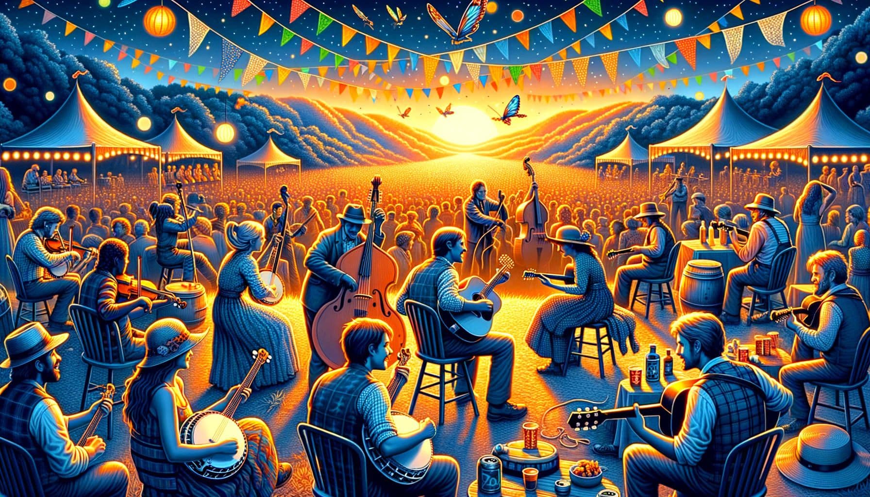 Generate an image for a music genre article titled: 'Strings and Surprises: The Bluegrass Beat Goes On'. The scene encapsulates the vibrant energy of the bluegrass music scene, featuring elements of surprise festival appearances and prodigious talents. The music scene is depicted as alive and resonating with a sense of fresh vibrations. The surrounding environment embodies the cosy warmth of festival grounds, likely at dusk, filled with multiracial, both male and female musicians. Main subjects could include stringed instruments typical to bluegrass music, like the banjo, fiddle, and mandolin. The image is in a 16:9 ratio with a resolution of 1792 pixels.