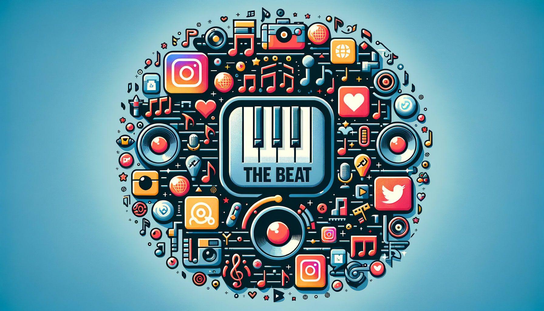 Create an image for a music article titled 'TheBeatGoesViral'. The image should visually communicate the idea of how Instagram Reels and social media are reshaping the music and entertainment landscapes. The visual elements should include social media icons, musical notes, and other entertainment-related symbols. Create the image in a 16:9 ratio and with a resolution of 1792 pixels.