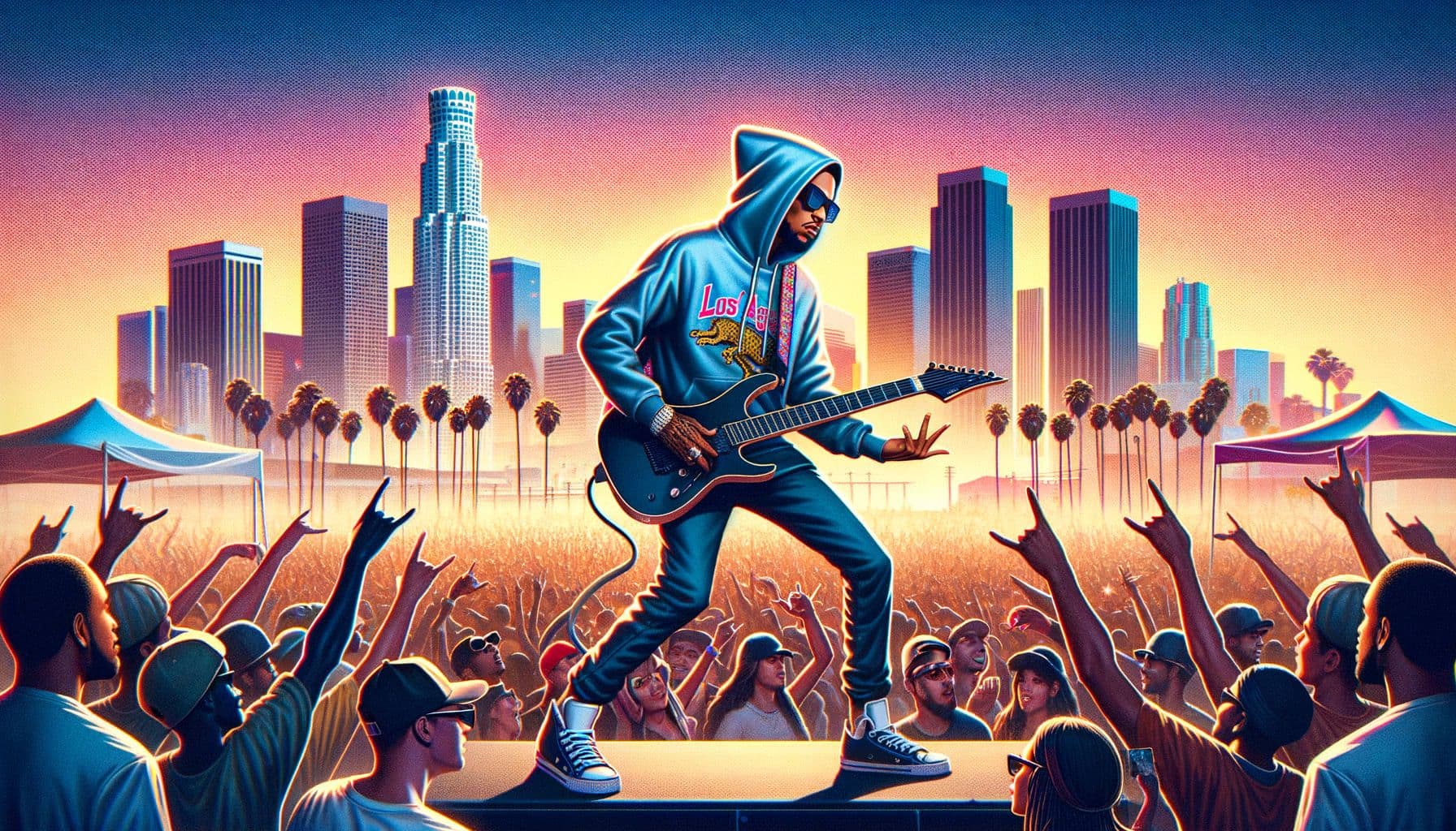 Generate an image for an article about a popular male rapper rocking a concert in Los Angeles. The concert becomes the hottest meme of summer as the rapper prepares for a new album and resolves rivalry with another prominent male rapper. The image should be in a 16:9 ratio with 1792 pixels.