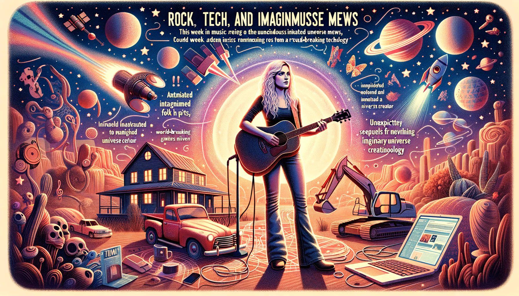 Construct an image for an article titled 'Rock, Tech, and Imaginary Universe Magic: This Week in Music News' with a description revolving around the themes of a popular female artist's country roots and a renowned female folk artist's anticipated Grammy debut, coupled with unexpected sequels from a world-renowned imaginary universe creator and ground-breaking technology. The image should accommodate the 16:9 aspect ratio and should include 1792 pixels.