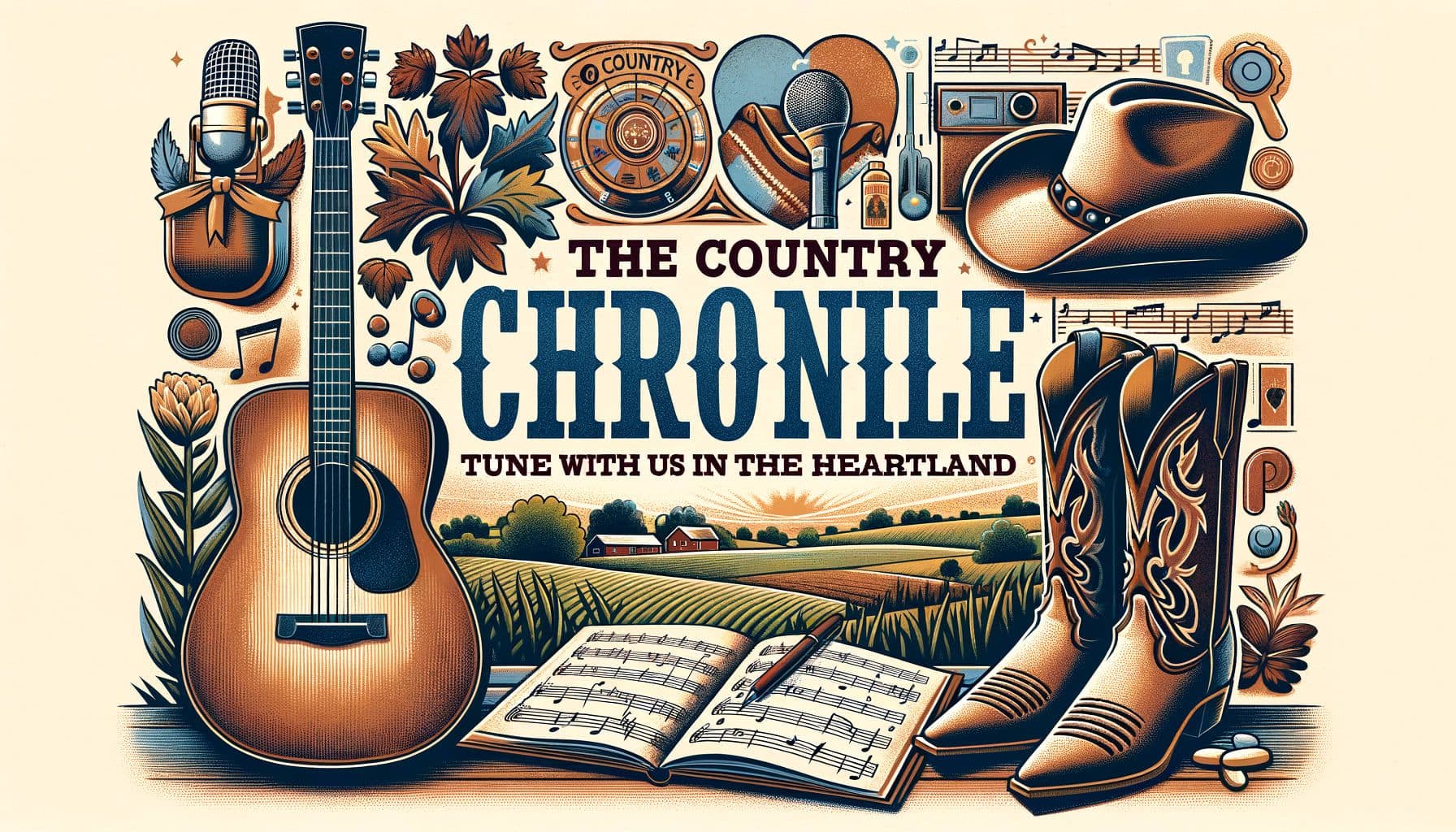 An image for a Country music article titled 'TheCountryChronicle'. The description says 'TuneInWithUsInTheHeartland'. The image should be in a 16:9 ratio with 1792 pixels. The illustration could feature elements associated with Country music, such as a guitar, cowboy hat, boots, and perhaps sheet music. The background could depict a rustic Heartland scene with open fields, farms, or country roads. The title and description should be prominently displayed in a readable and attractive font.