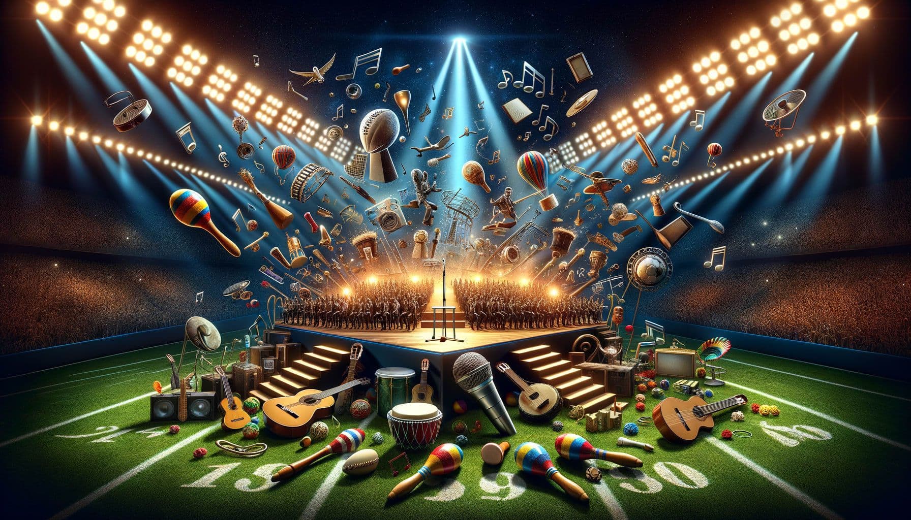 A captivating 16:9 ratio image with 1792 pixels commemorating the upward cascade of a popular Latin music group. The scene unfolds on a magnificent stage being spotlighted from all corners with vibrant Latin music imagery in the background. A variety of instruments, associated with Latin music like maracas, guitars, bongos, litter the stage. Interspersed are elements symbolizing their collaborations, such as microphones, music notes seamlessly intertwined with each other. To illustrate their Super Bowl acclaim, the backdrop features towering stands filled with cheering crowds and a large, glassy screen showcasing an exciting football game.