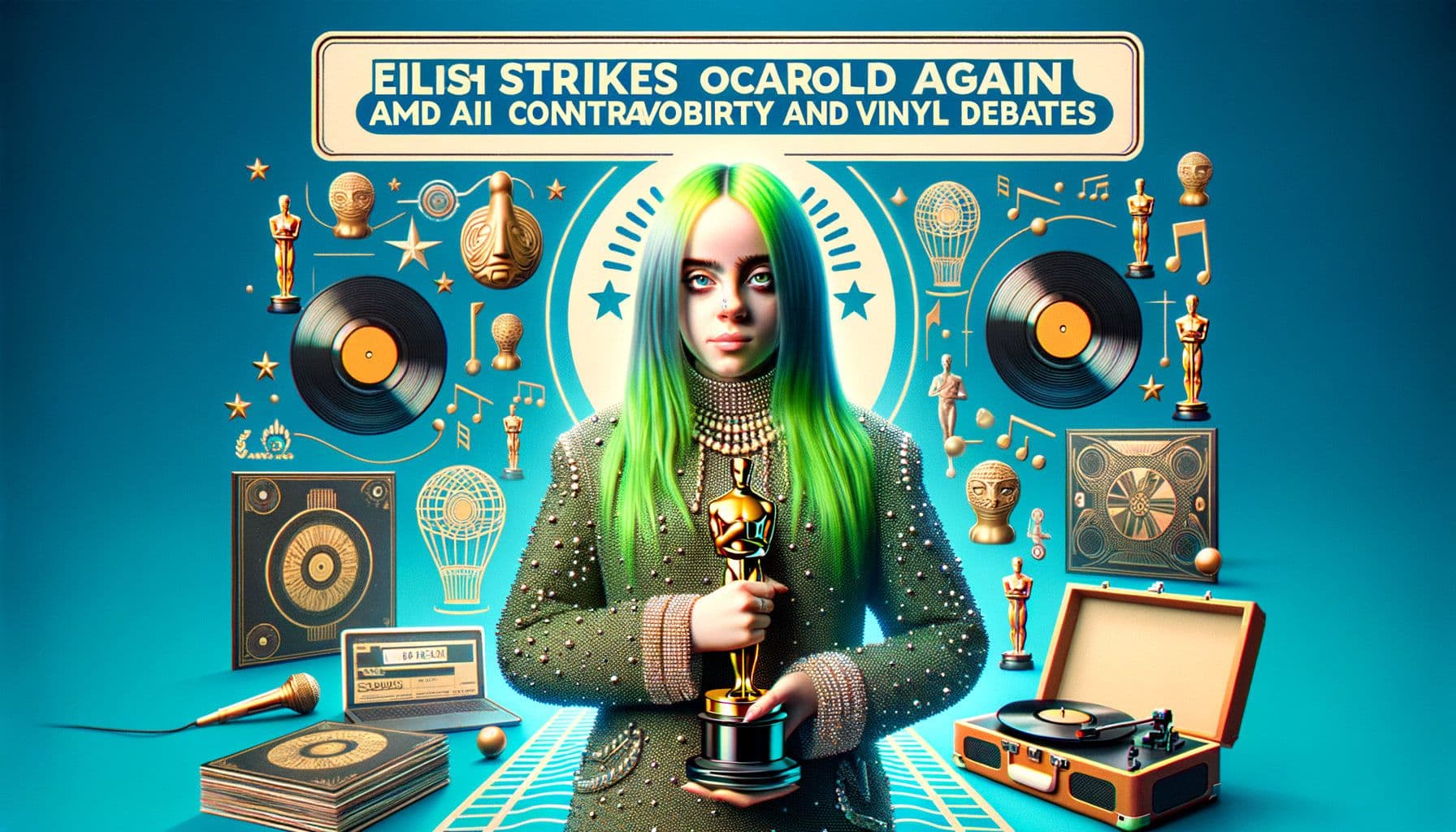 Create an image depicting the headline 'Eilish Strikes Oscar Gold Again Amid AI Controversy and Vinyl Debates'. The image should feature the visual representation of a successful female singer of Caucasian descent with green hair and a unique, trend-setting style, holding an Oscar trophy. The background consists of symbols representing controversy over AI and vinyl records. The scene should convey the monumental win and its implications on the music industry's sustainability practices and the impact of AI on creativity. The aspect ratio of the image should be 16:9 with 1792 pixels.