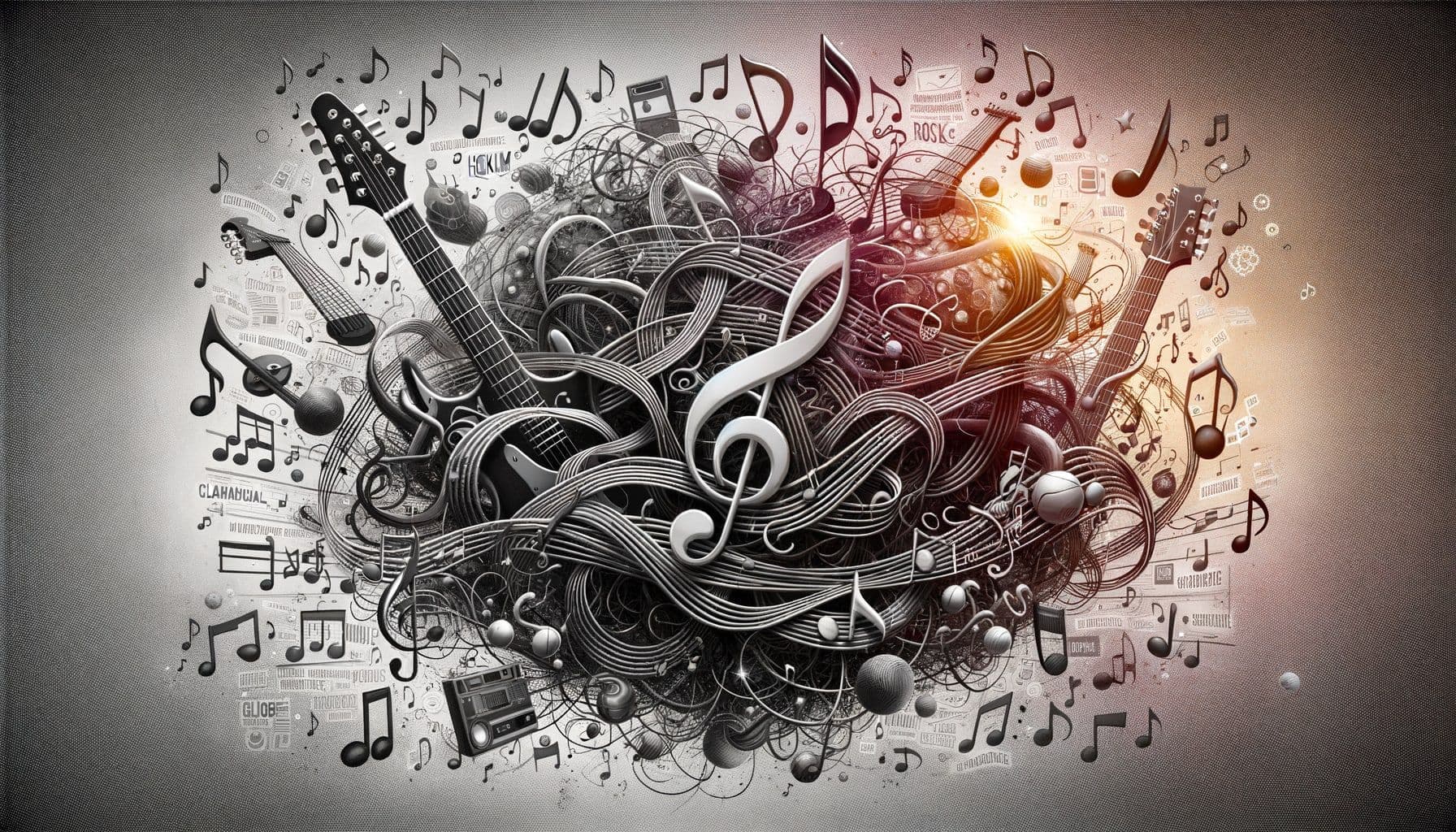 Create an image for an article about Rock music titled 'MelodyMashup: A Blend of Hokum and Harmony'. The image should depict a tangled medley of melodies symbolized by musical notes from different genres intertwined. In the background, subtly incorporate elements representing global music and entertainment news. The image should be in a 16:9 ratio with a resolution of 1792 pixels.