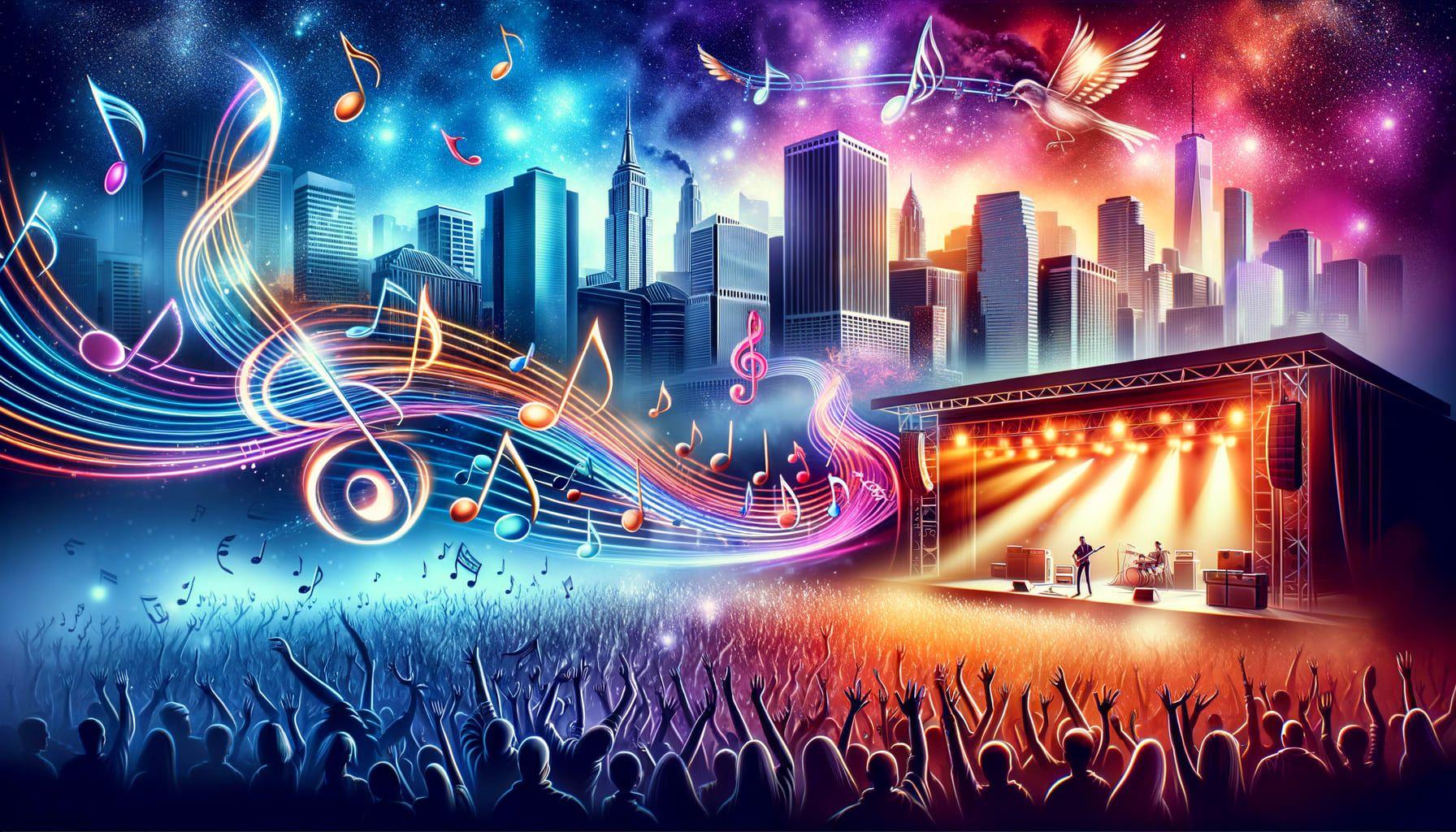 A dynamic music-themed image for an article titled 'Shaboozey on the Rise: A Journey from Bars to Stardom'. Illustrate the exciting journey of an aspiring musician with a backdrop of North American cities, vibrant concerts, and energy-packed audience. Meanwhile, envision music notes gracefully floating in the air, symbolizing fresh album releases. Please create the image in 16:9 ratio with 1792 pixels.