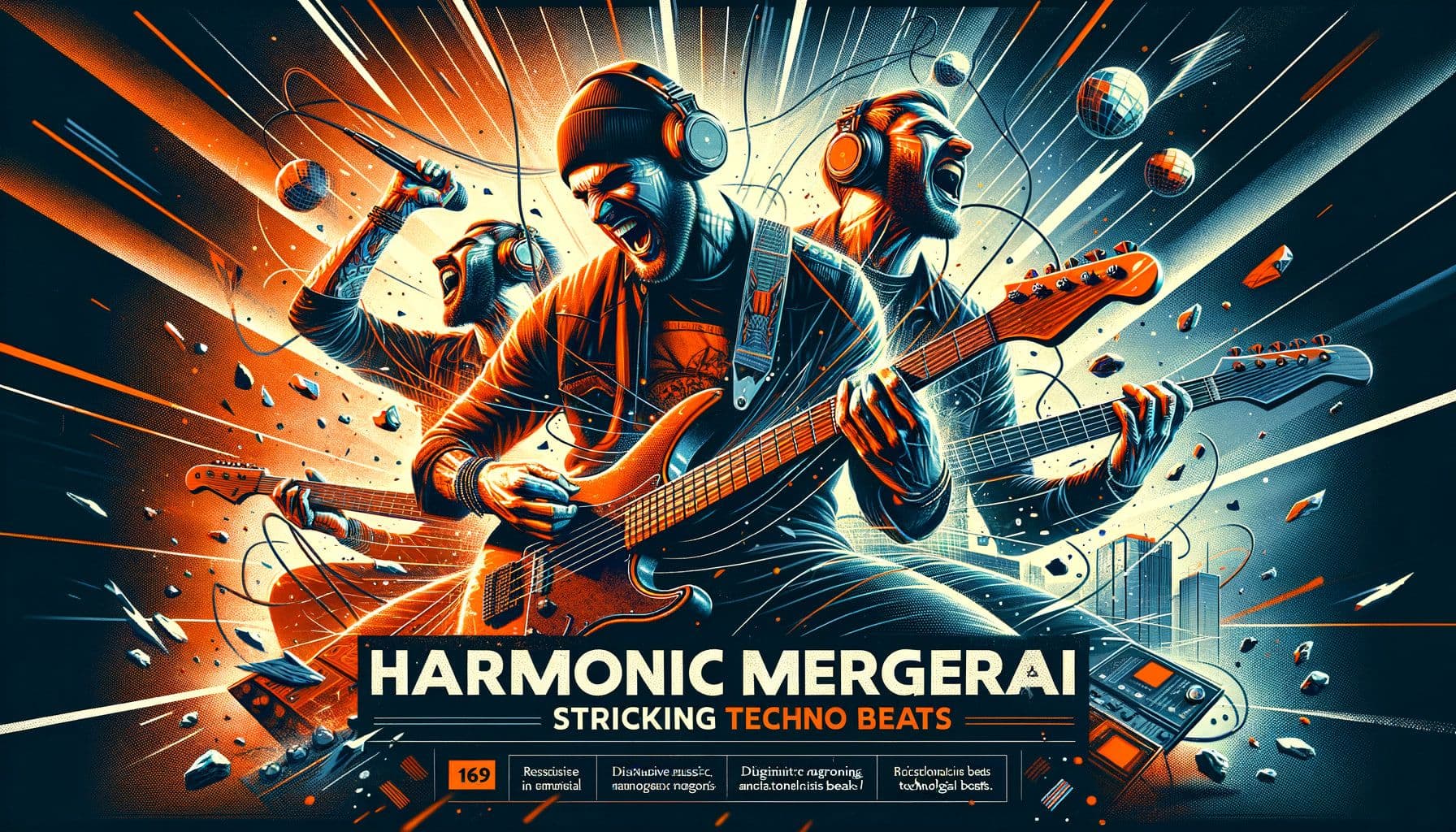 Create an image for an article dedicated to rock music, featuring distinctive technological beats. The image should visualize the harmony of merging musical elements in the genre of rock. Please maintain a 16:9 ratio and a resolution of 1792 pixels. The title, 'HarmonicMergerAI', should be prominently displayed, alongside a smaller subtitle, 'StrikingTechnoBeats'. The vibe of the image should be energetic, bold, and dynamic, capturing the spirit and rhythm of rock music.