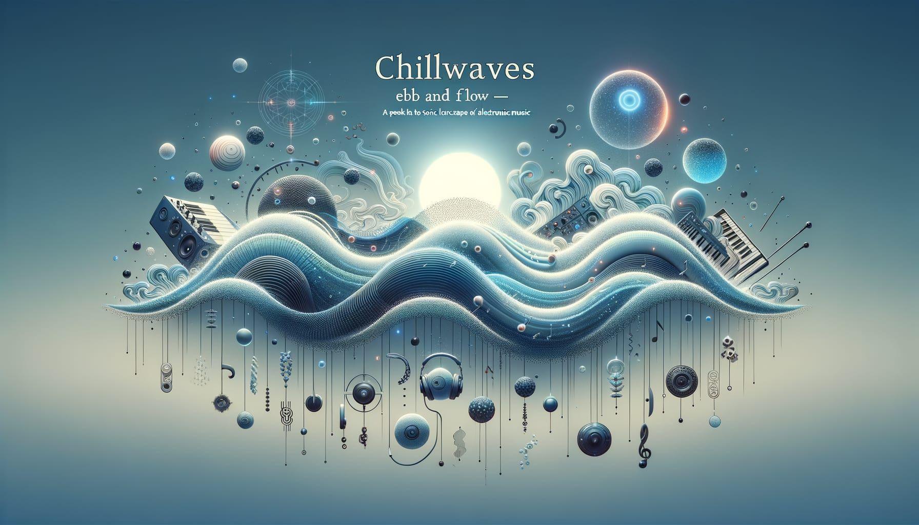 Create an image for a music genre article. The title text 'Chillwaves Ebb and Flow - A Peek into the Sonic Landscape of Electronic Music' floats elegantly at the top, against a calming, ethereal background that embodies the character of chill electronic music. Beneath the title, weave in representative symbols of electronic music, like abstract sound waves, synthesizers, headphones, and glowing orbs, to represent the music’s pioneering artists. Sprinkle some subtle elements of various cultures throughout the image to signify cultural commentary. The image should be in a 16:9 ratio, with the long side being 1792 pixels.