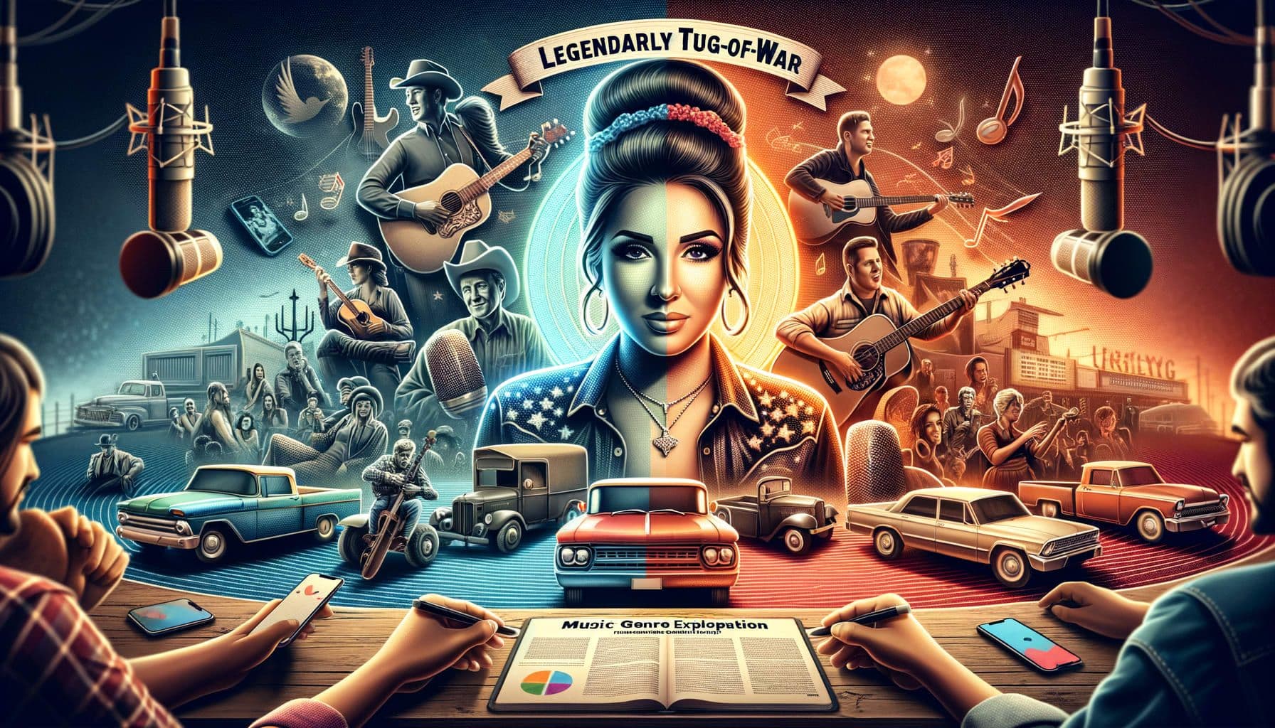 A visual representation of a music genre exploration article titled 'Legendary Tug-of-War', studying the roots of a well-known female singer in country music and the reactions from the industry to her musical journey. The image should encapsulate recent trends in the genre and denote her influence on the same. Please create the image in a 16:9 ratio with a total of 1792 pixels.