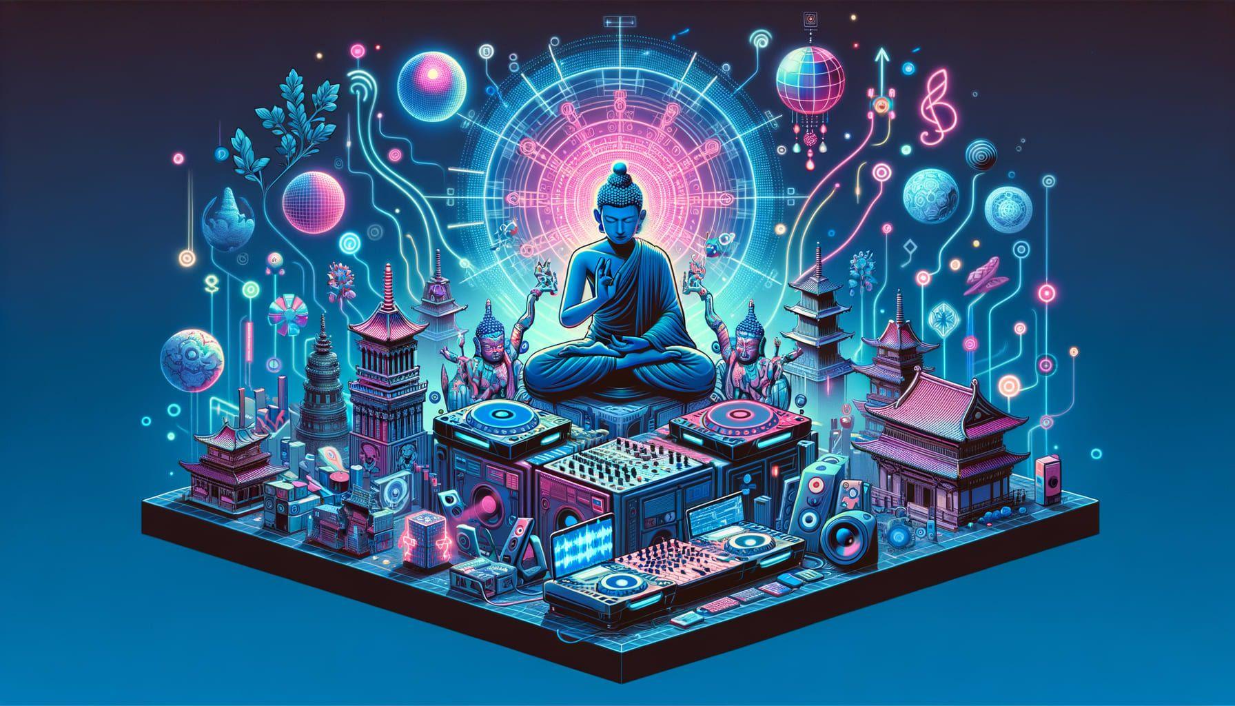 An electronic music themed image to illustrate an article titled 'Beats Beyond Borders: How EDM Is Shaping New Cultural Landscapes'. The image should capture the diverse world of electronic music, including a DJ performing a set inspired by Buddhist culture, and elements related to AI-driven music creation. The focus should be on how this music genre is connecting and influencing cultures around the globe. The image should stylistically fit the context of a contemporary music publication, with a primary color theme of neon blues and pinks. The dimension ratio is 16:9 with a resolution of 1792 pixels wide.