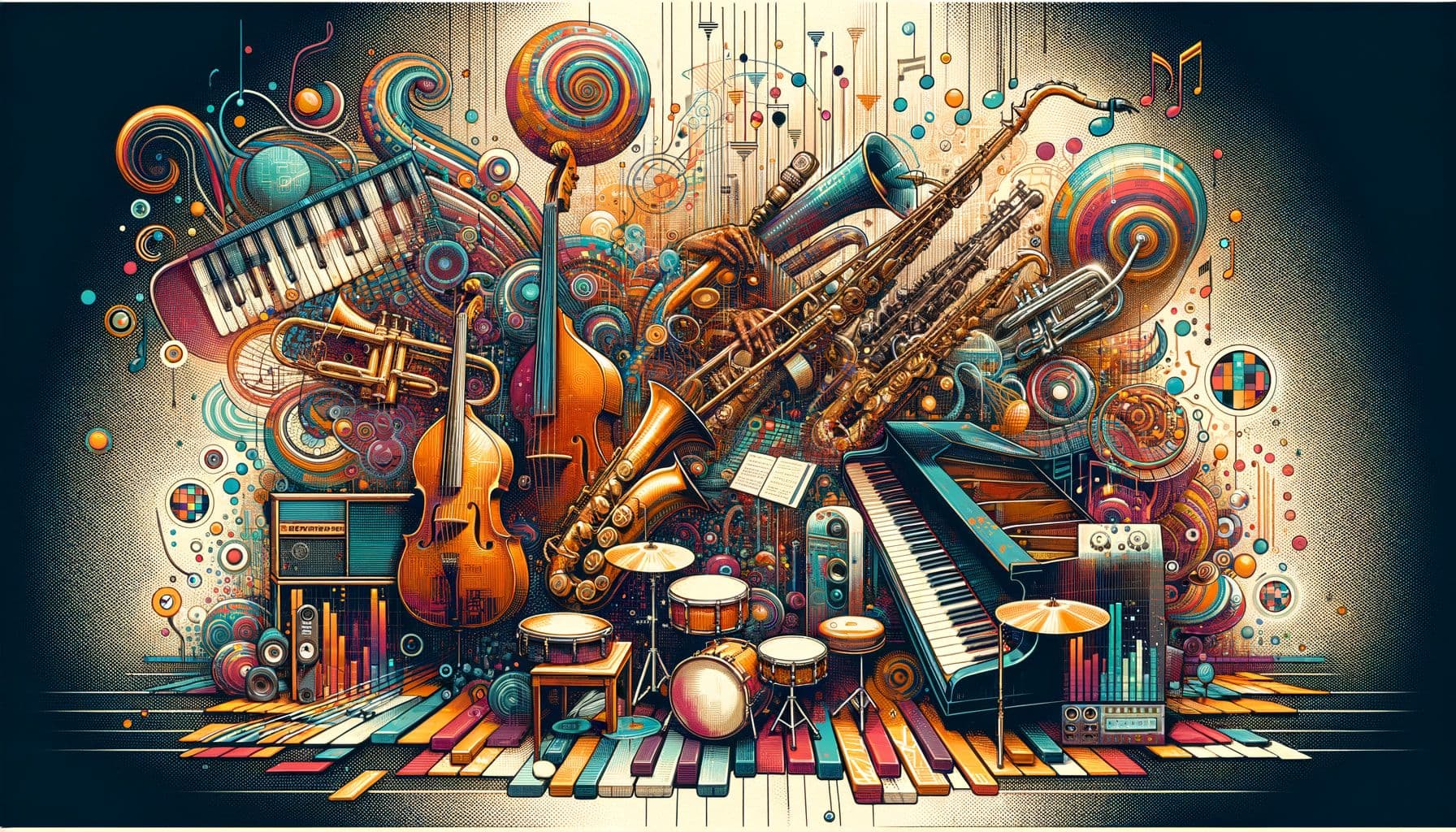 Design an image for a jazz music article titled 'Strings and Keys Unleashed: The Renaissance of Jazz and its Digital Transformation'. The image should depict the richness of jazz history, showcasing its modern evolution tied to technology and innovation from artists of today. Make the composition vibrant and full of energy, indicative of the dynamism of jazz music. Include elements of musical instruments common in jazz like saxophones, upright bass, drum sets, and pianos to represent 'Strings and Keys'. Overlay digital motifs to symbolize the digital transformation. The size of the image should be in a 16:9 ratio with a pixel resolution of 1792.