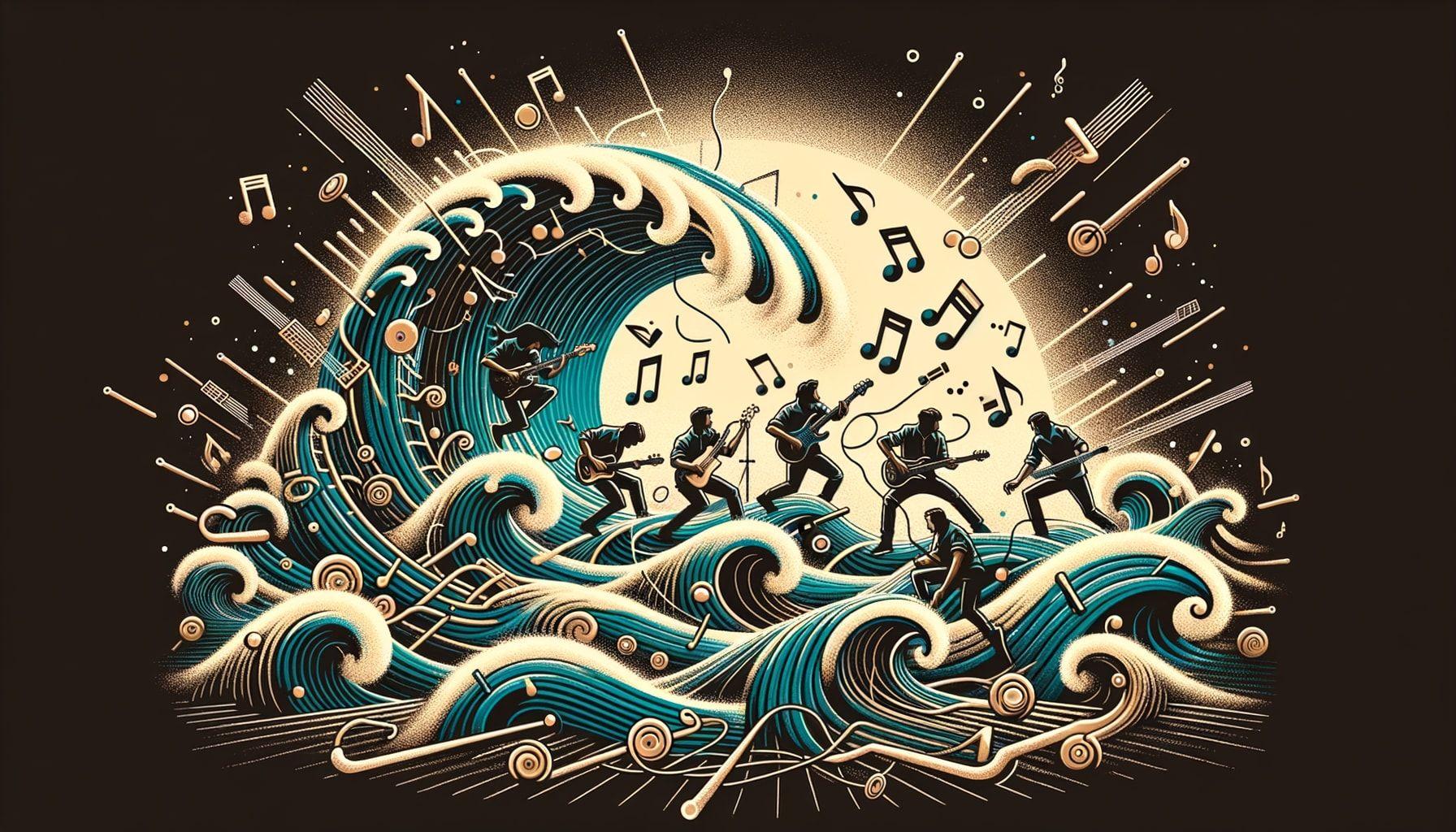 Visualize an image for an article titled 'Turning Up The Tempo With Grupo Frontera', about a group making waves in the music industry. The image should be designed in a 16:9 ratio. The visual should depict dynamic music-themed elements such as musical notes swaying, waves in the background symbolizing the disruption they're creating, and the energy of Grupo Frontera's music. The final image resolution should be 1792 pixels.