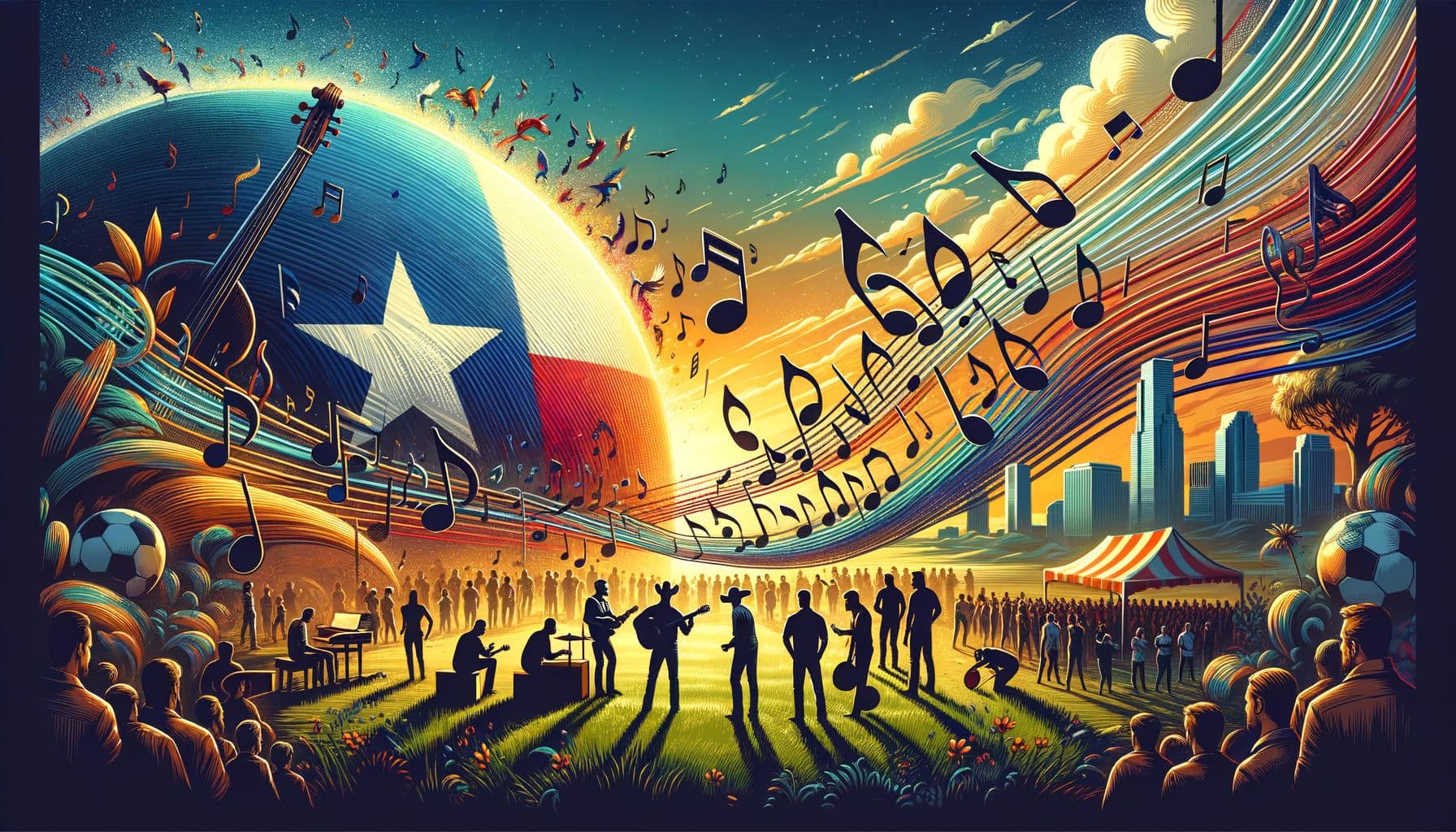 Create an image in 16:9 ratio with a resolution of 1792 pixels. The picture should illustrate the title: 'Charting New Frontiers: Grupo Frontera's Thrilling Takeover of Latin Music Sphere'. In the visuals, show a dynamic Texas landscape under a sun-lit sky, with music notes flowing like a wave signifying the global Latin music. Display silhouettes of people collaborating, perhaps engaging in a casual jam session or strategizing. In the foreground illustrate a music festival preview with lively crowds. Additionally, insert the image of a playlist that is creatively linked with stylised representations of football. Maintain a balance of vibrancy and subtleness in the colours.