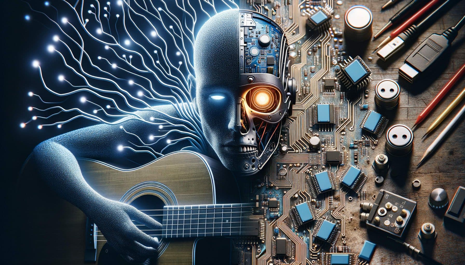 Create an image for an article called 'Indie Melodies and Digital Dilemmas'. The image should capture the contrast between the intimate, grassroots nature of Indie music and the cold, impersonal perspective of Artificial Intelligence. The image should also hint at controversies surrounding the intermingling of technology and music, perhaps featuring symbolic elements like a vintage guitar juxtaposed against a circuit board. The image should be in 16:9 ratio with 1792 pixels wide, maintaining an atmosphere that reflects the tension and beauty in the collision of these two worlds.