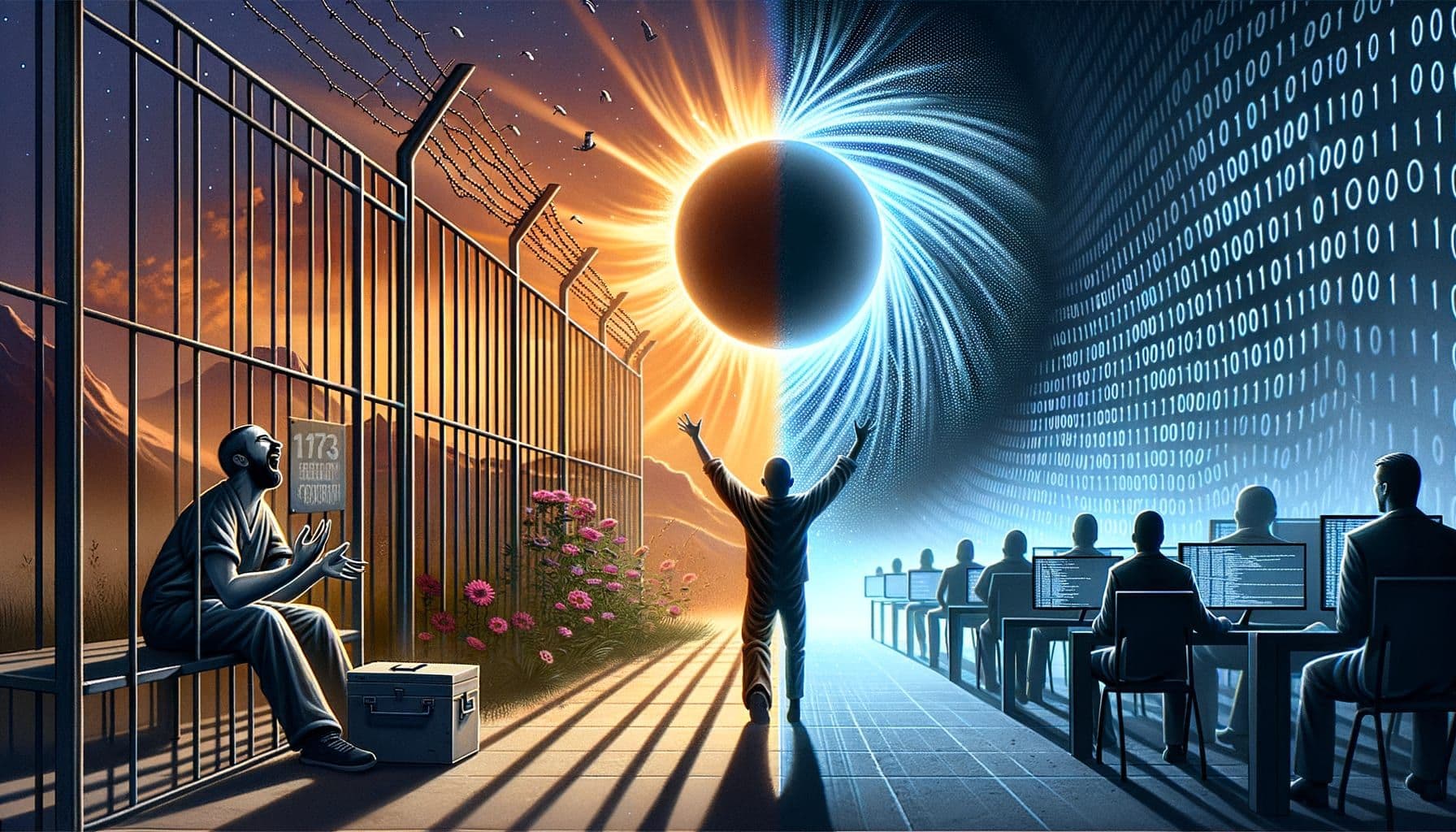 A fascinating visual narration revealing the sublime journey across entertainment and tech. The image starts with a prison setting where an inmate celebrates his court victory, joy evident in his eyes as he watches a beautiful solar eclipse radiating in the clear sky. The scene then transitions into the mysterious realm of technology, illustrating the silhouette of a programmer amidst binary codes, symbolizing the tech world's tightly-held secrets. The image is crafted to exhibit the contrast yet harmony between two different worlds, underlining the sublime nature of both. The image dimensions should be 1792 pixels in a 16:9 ratio.