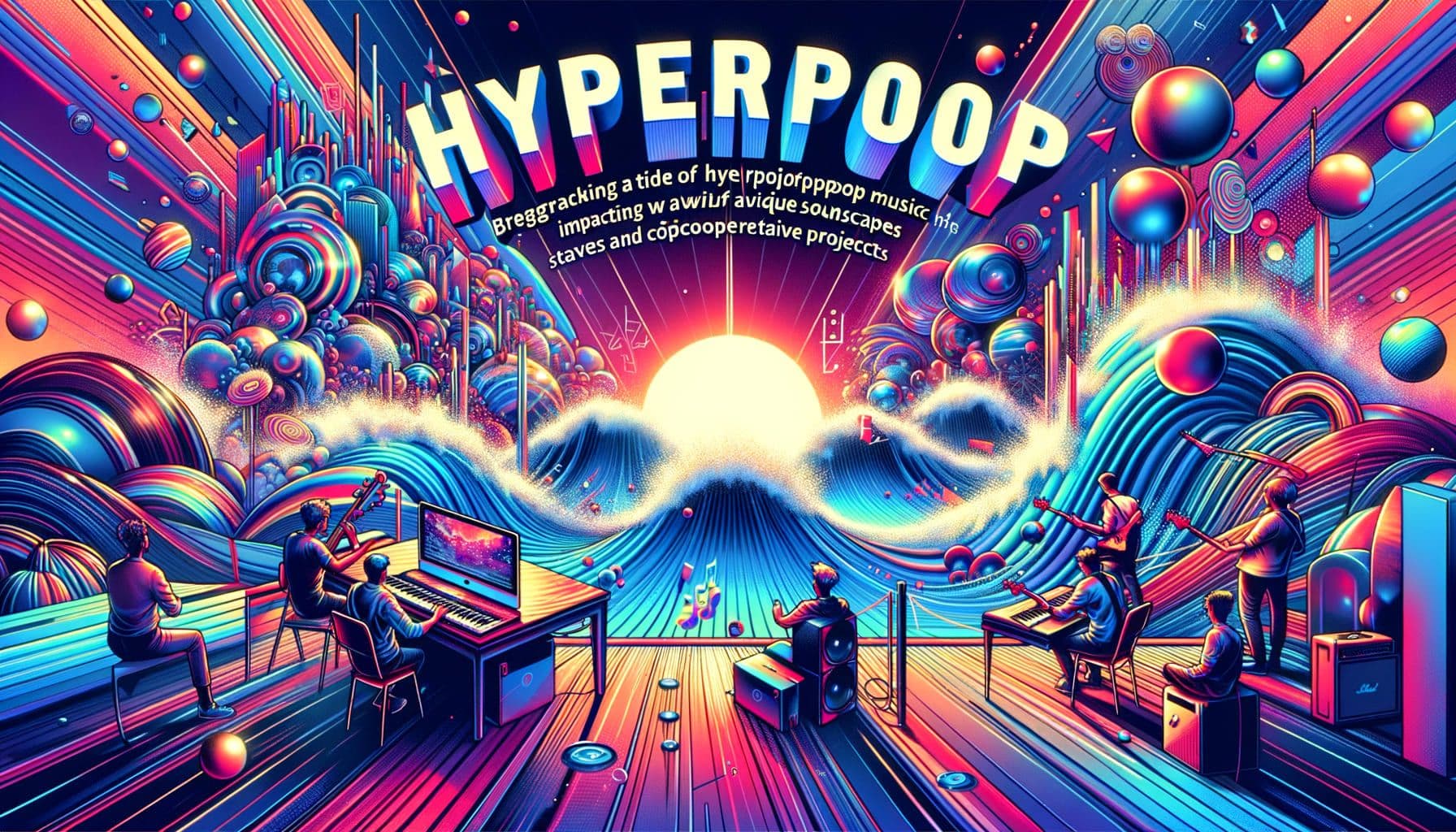 Create an attention-grabbing header image for an article titled 'HyperpopHeatsUp'. The image should illustrate the groundbreaking tide of Hyperpop music impacting the current music landscape with an array of unique soundscapes and cooperative projects. Lay emphasis on the vibrant and energized energy associated with this genre. The dimensions should be a 16:9 ratio and the image resolution should contain 1792 pixels. Please ensure the art style is modern and vibrant to match the genre's aesthetics.