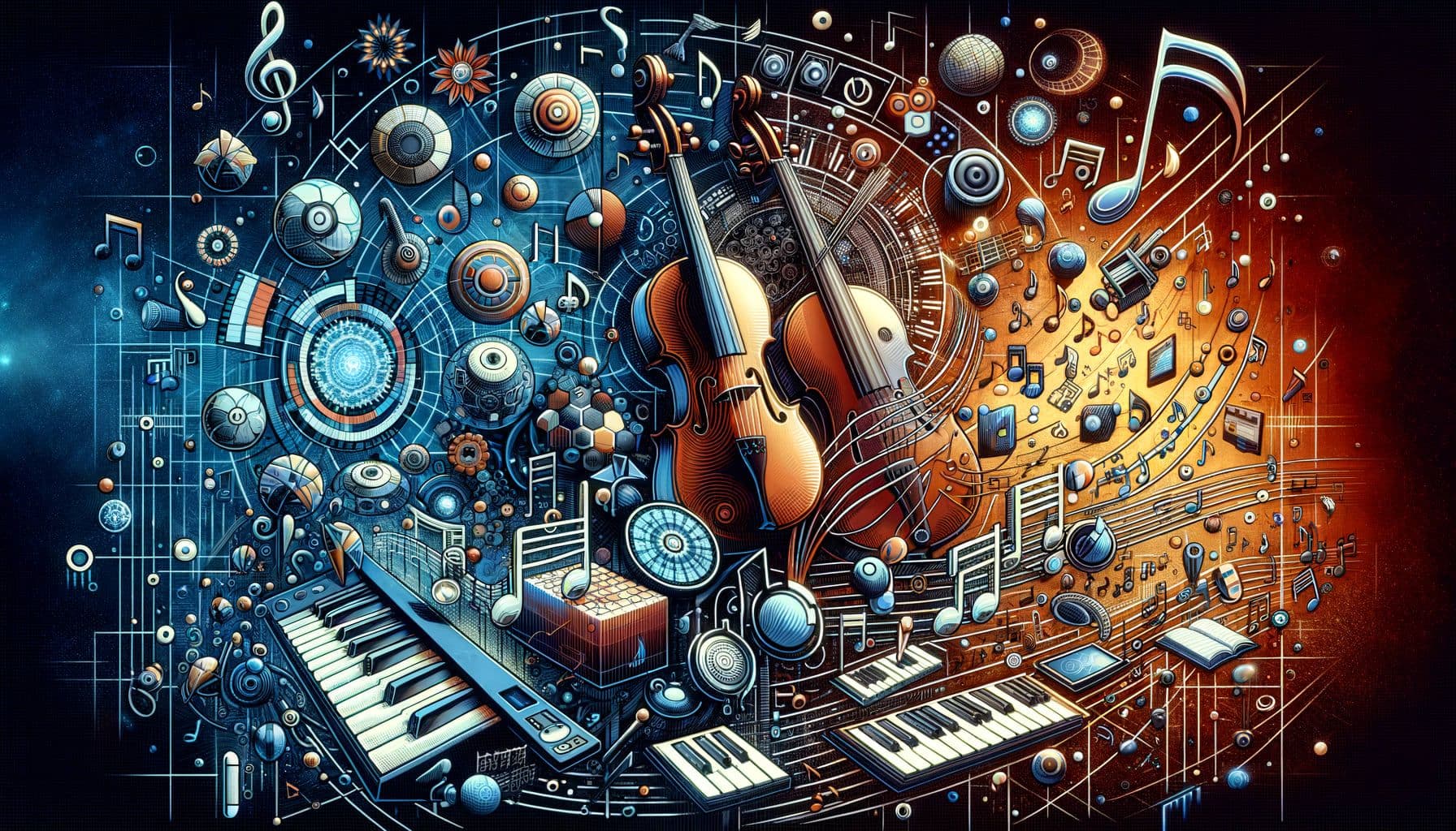 A detailed image for a Classical music article bearing the title 'TheScoreInClassical: An Ensemble of Tech and Melodies'. The depiction should convey a dynamic blend of technology and classical music. Relevant symbols from both fields should be harmoniously intertwined. Display elements such as musical notes, classical instruments, digital interfaces, and technology involved in music production. The image should be in 16:9 ratio and composed of 1792 pixels. The colors should be balanced to evoke the fusion of tradition and innovation in the field.