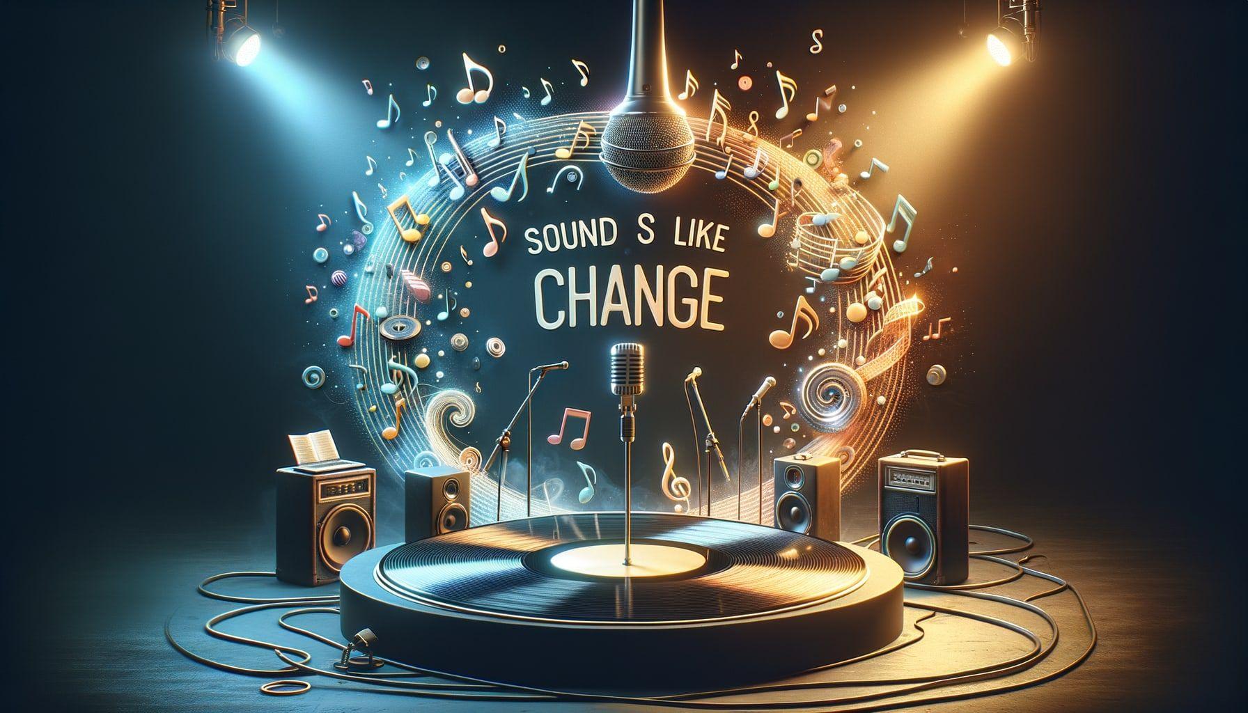 Create an image for an article discussing the recent trends and changes in pop music. The title of the article is 'Sounds Like Change: From an Energetic Shift to a Country Twist'. The image should symbolize the dedication to positivity and the unexpected change to a country album in the pop music scene. Use a visual representation, such as a brightly lit stage with musical notes floating in the air, a microphone bridging the gap with a turntable and a country-themed vinyl record. The image should be in a 16:9 ratio and have 1792 pixels.