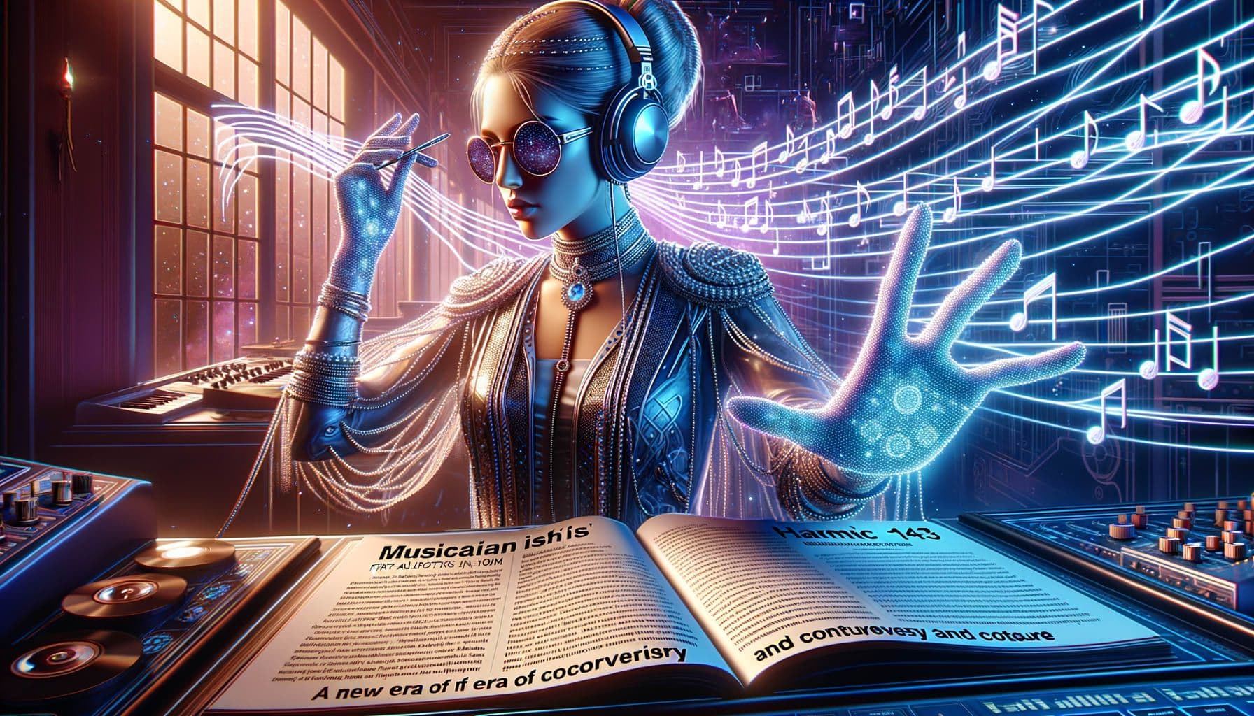 Visualize a scene depicting a music artist about to release her first album in four years. She is causing a wave of excitement with her latest single and has also formed a futuristic fashion partnership. Place this scene within the context of an article, titled 'Musician's Harmonic 143: A New Era of Controversy and Couture'. The image must be in 16:9 ratio with 1792 pixels.