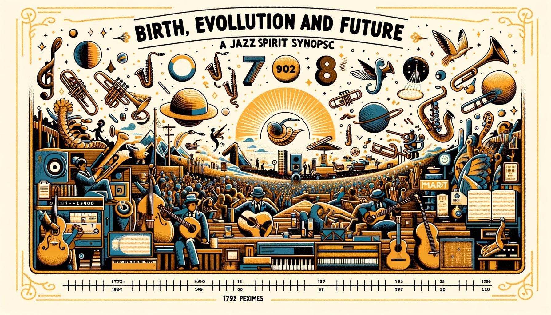 Design a 16:9 ratio image with 1792 pixels that depicts a whimsical journey through Jazz's history. The image should feature elements from different eras of Jazz, illustrating its birth or origins, its evolution or maturation, and its hypothetical future. The title, 'Birth, Evolution and Future: A Jazz Spirit Synopsis', should be prominent near the top of the image.