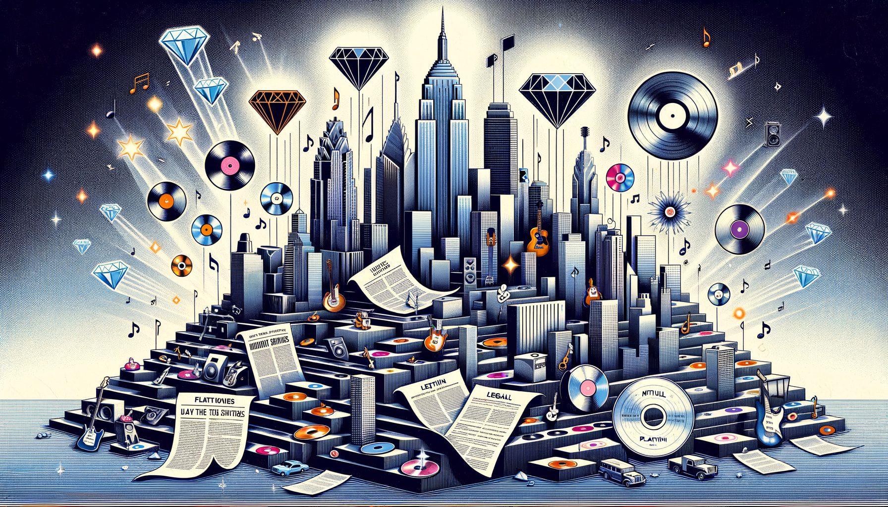 An illustration for an article with the title: 'Diamonds and Platinum Hits Light Up the Music Skyline'. The image showcases a conceptual skyline composed of various music-themed elements that are made up of diamonds and platinum representations. In one distinct area, there's a hint of a diamond single that is reminiscent of the alternative rock era, subtly representing an iconic band without specifying any names or details. In another area, there's a platinum milestone, somewhat symbolic of the folk-rock era, paying homage to influential female songwriters without identifying any individuals. Additionally, there should be subtle indications of legal documents depicting legal battles integral to the music industry. The image should be in a 16:9 aspect ratio with a resolution of 1792 pixels.