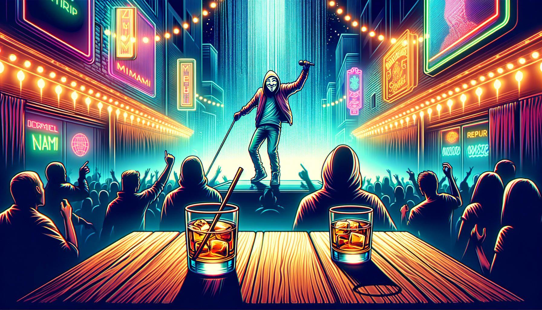 Visual depiction in 16:9 ratio, 1792 pixels of a vibrant music scene with an anonymous rising star performing on stage during a tour. The performer is basking in the fame of topping the music charts. The scene is set in Miami, illustrated with an energetic nightlife ambiance, lit with neon lights, and accented by the presence of whiskey-filled glasses at the bars. The atmosphere exudes the joy and hustle of a successful music career.