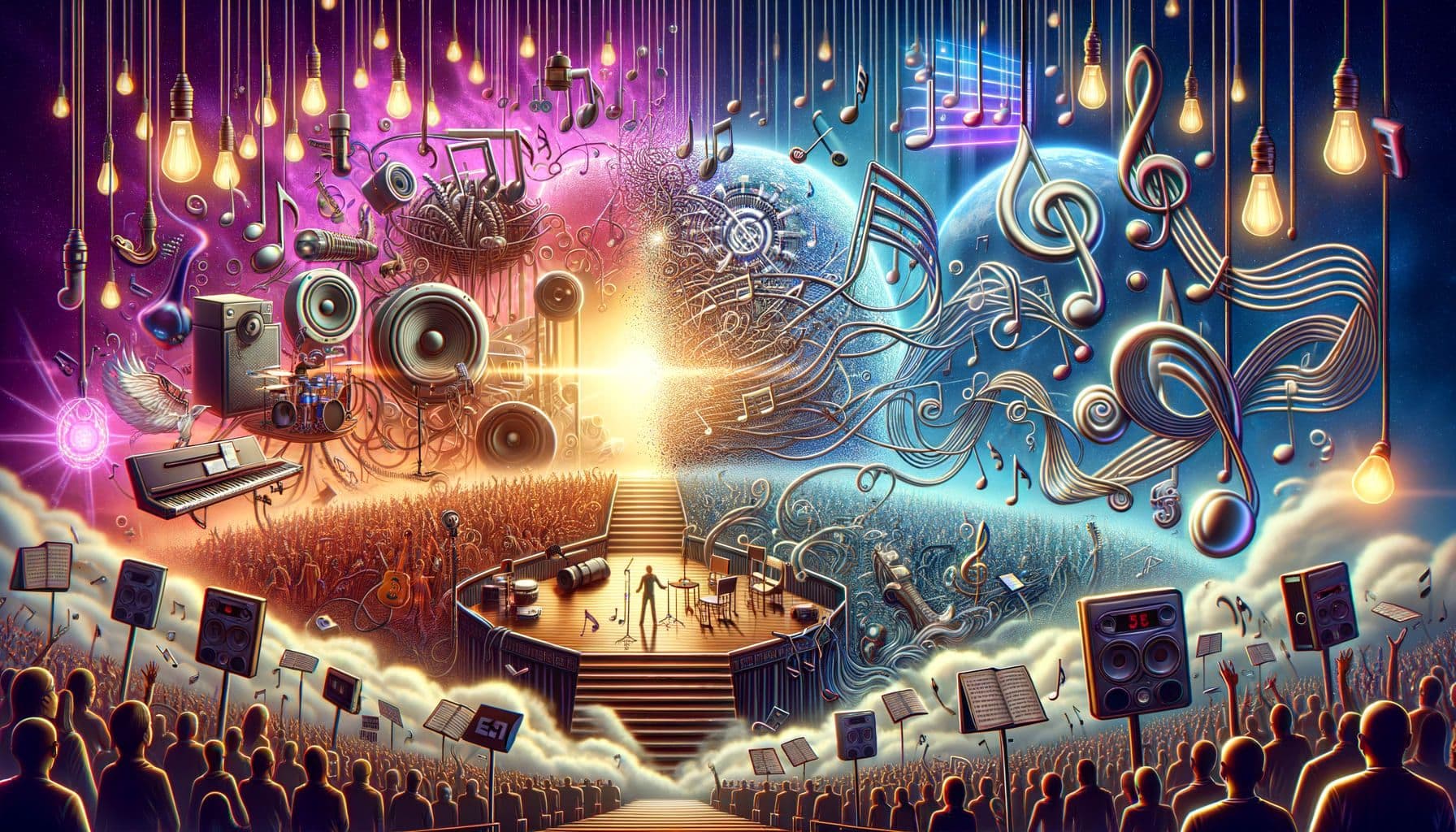 Create a vivid visual representation for a music article in 16:9 ratio with 1792 pixels. The title reads, 'From an Early Pop Star's Notes to AI's Latest Beats: A Whirlwind Through The Music Realm.' In the image, depict a journey through the musical industry, integrating elements such as AI tools symbolized by futuristic technology, unknown concert stage surprises illustrated as unexpected lighting and props, theatrical elements inspired by a popular animation studio, and metaphorical representation of copyright issues as tangled musical notes. The overall scene conveys the complexity and dynamic nature of the music industry.