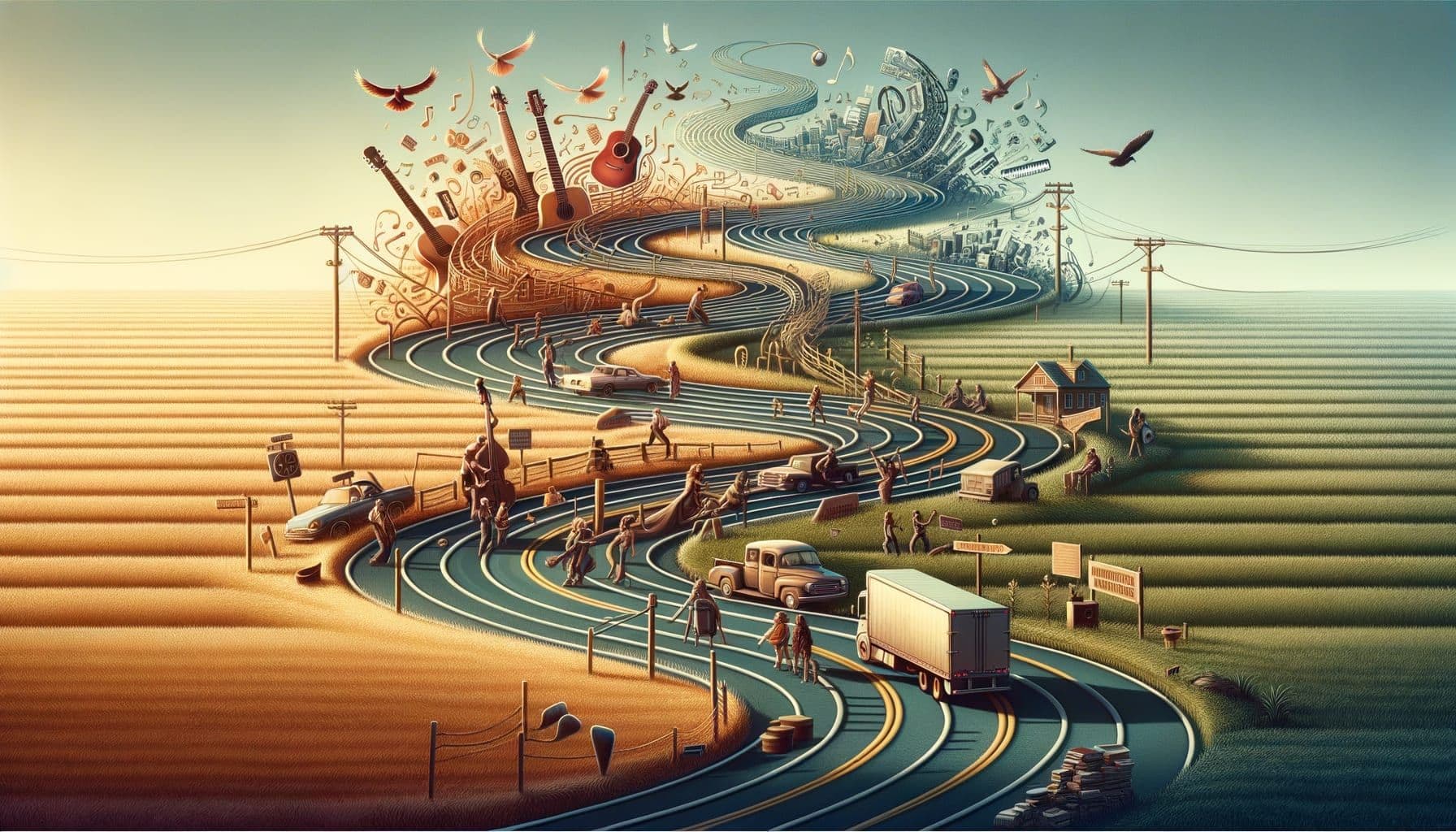 Generate a 16:9 ratio image with 1792 pixels of a conceptual representation of a country music journey depicted as intertwining paths. The scene should symbolize the diverse legacies and influences of different iconic artists within the genre, without specific references to real persons. The title 'CountryCrossroads: A Musical Journey' should be prominently displayed.