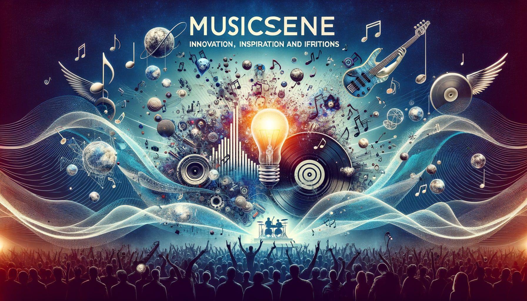 An image for a music article showcasing the contemporary rock music scene. The image consists of the title, 'MusicScene: Innovation, Inspiration and Infractions'. Below the title is a visual representation of the description: a blended, dynamic scenery representing technological advancements (maybe some abstract sound waves and headphones), inspiration origins (perhaps a light bulb or a music note), copyright breaches (possibly a broken record or crossed out music note), and stirring performances (perhaps a vibrant scene of a rock concert with the crowd's energy). The image should be in a 16:9 ratio with 1792 pixels.