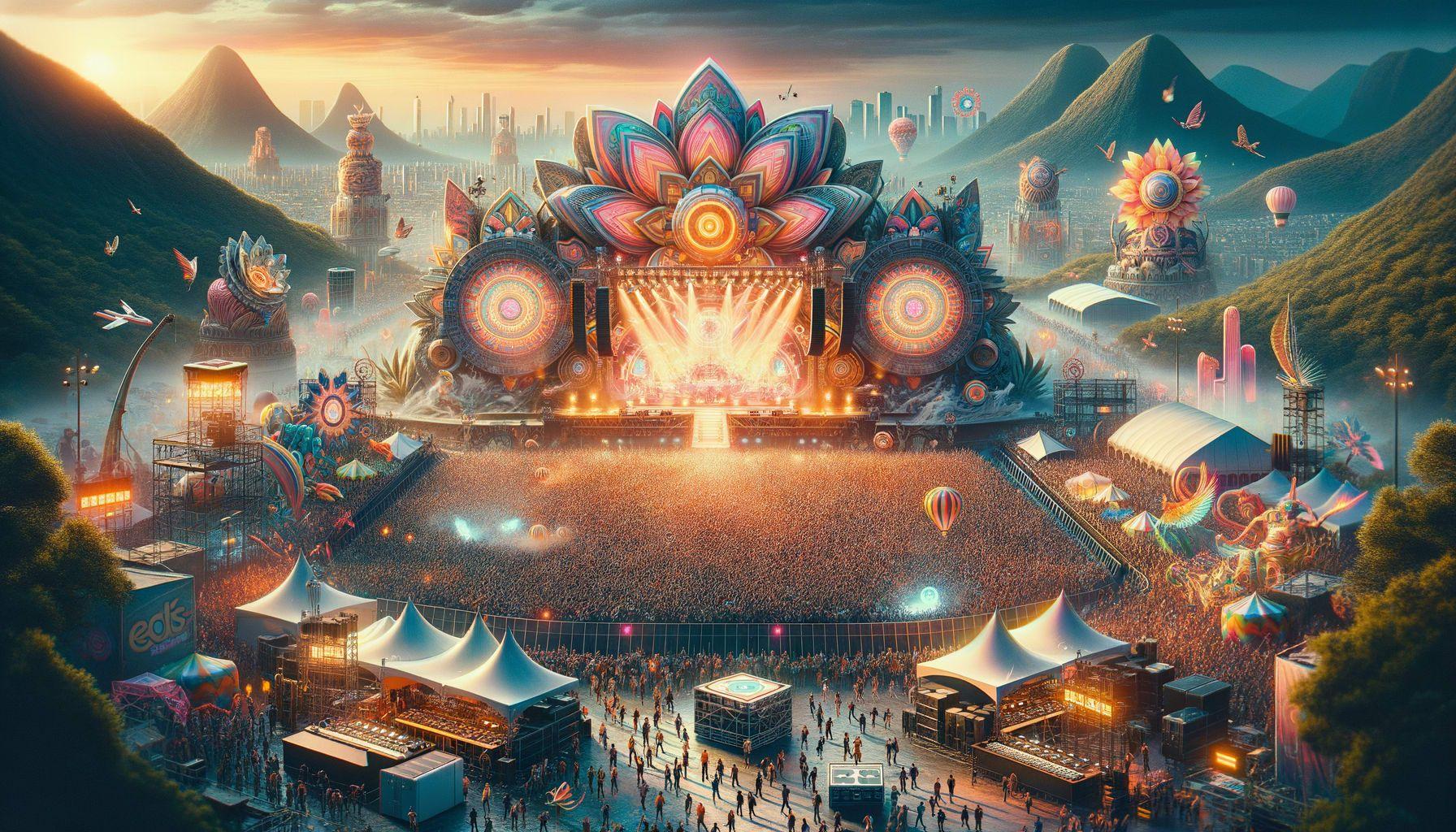 Create a detailed image for a music festival article titled 'EDC Mexico City 2024: The Pulsating Heartbeat of Global EDM'. The description reads, 'As the music festivals of 2024 drum up rave expectations, this article provides an in-depth look at EDC Mexico City – the stage for daring music artists.' Display the energy, excitement, and vibrancy that characterizes EDM music festivals. The scenery of Mexico City should be evident in the backdrop. Add a 16:9 ratio with a width of 1792 pixels.