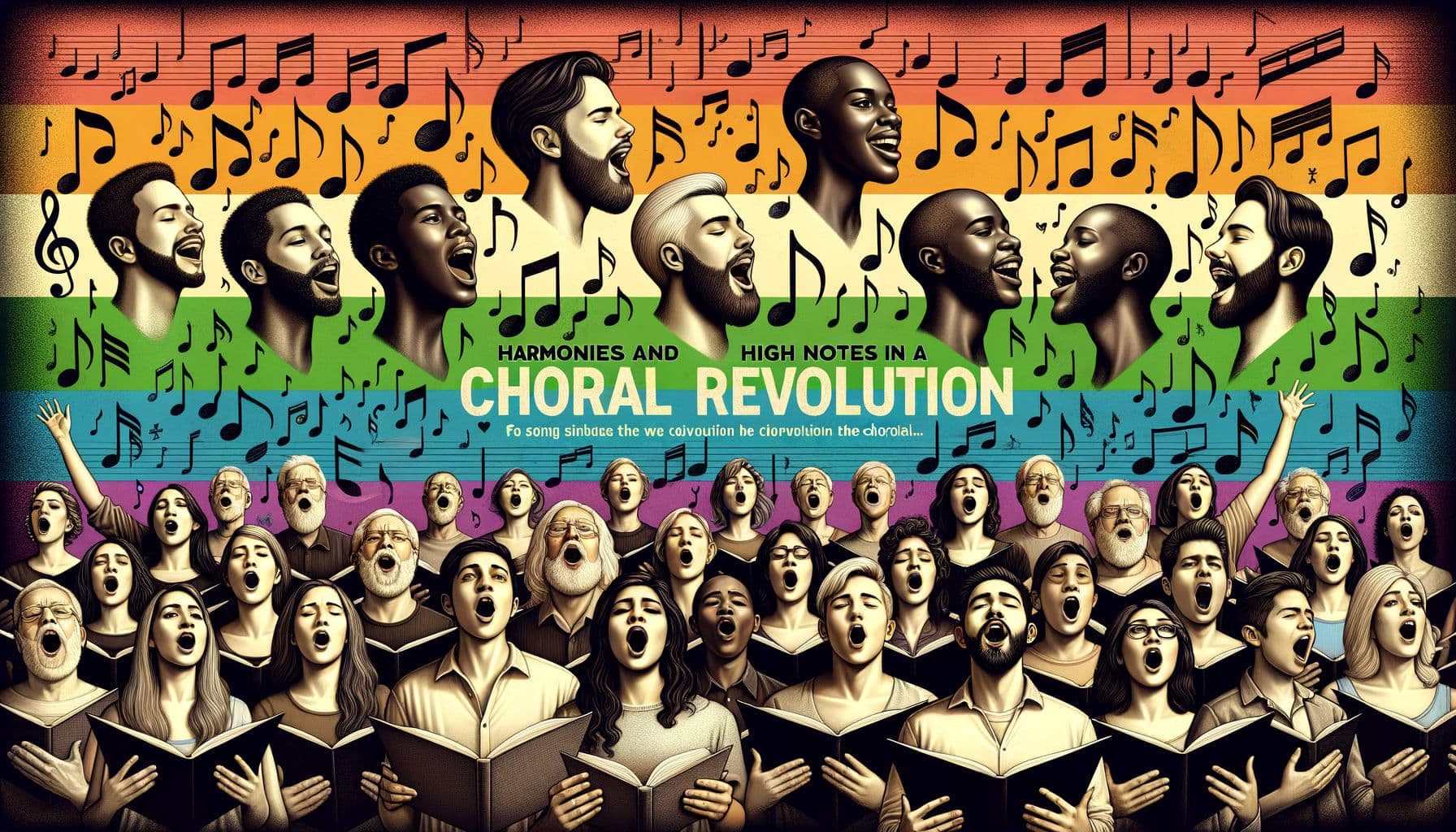 Create an image with a 16:9 ratio and 1792 pixels width for a Choral music article titled 'Harmonies and High Notes in a Choral Revolution'. The image should depict diverse male and female singers of Caucasian, Hispanic, Black, Middle-Eastern, South Asian descents, their faces filled with passion and harmony as they sing LGBTQ+ anthems. Musical notes and symbolic representations of LGBTQ+ culture should permeate the background, a testament to the revolution in the choral scene.