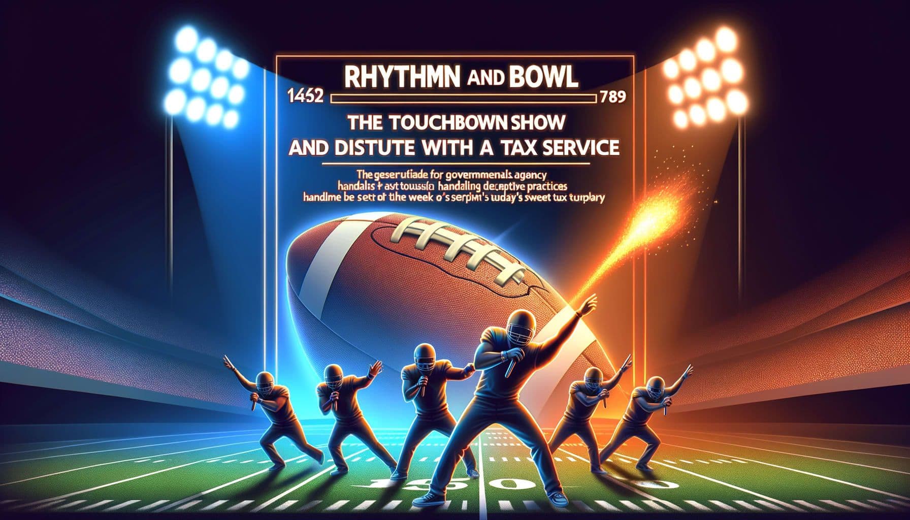 Generate an image for an article on R&B music called 'RhythmAndBowl: The Touchdown Show and Dispute with a Tax Service'. The image should illustrate an R&B singer lighting up a large sports event, alongside the portrayal of a governmental agency handling deceptive practices of a tax service company, all set to the rhythm of the week's sweet tunes. The image should have a 16:9 ratio and be 1792 pixels wide.