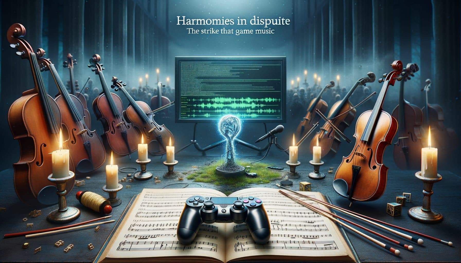 Create a 16:9 image with 1792 pixels representing an article with the title 'Harmonies in Dispute: The Strike That Silences Game Music'. The image should depict a scenario indicative of a strike in the gaming world due to AI concerns, leading to a potential void in music and performance. A controller left in desolation, concert instruments in a standstill position and a speech bubble showing computer code to symbolize AI could be included. The ambience should be of a game paused abruptly with a sudden silence echoing in the background.