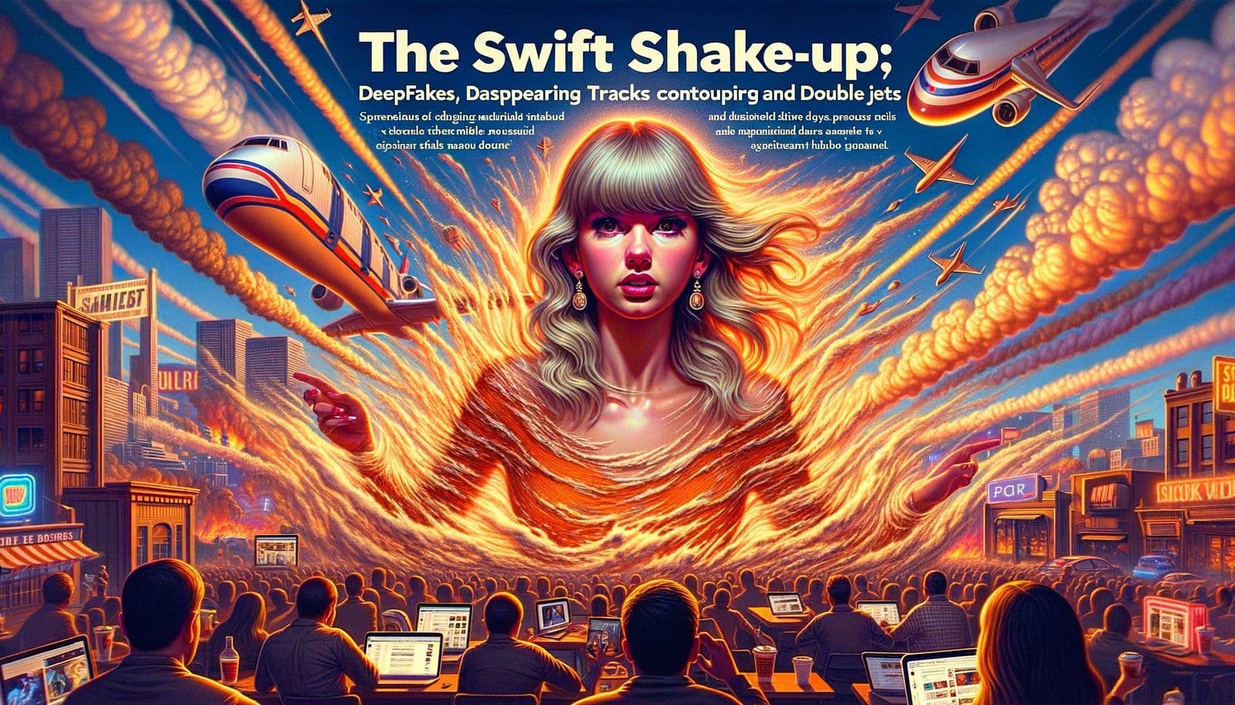 Generate a 16:9 image illustrating an article with the title 'The Swift Shake-Up: Deepfakes, Disappearing Tracks and Double Jets'. The image should provide a scene describing a whirlwind week for a popular female musician, including issues of digital image manipulation controversies, evaporating music tracks on a popular short video platform and significant achievements at a prominent sporting event. The image should be detailed and vivid and should be 1792 pixels wide.