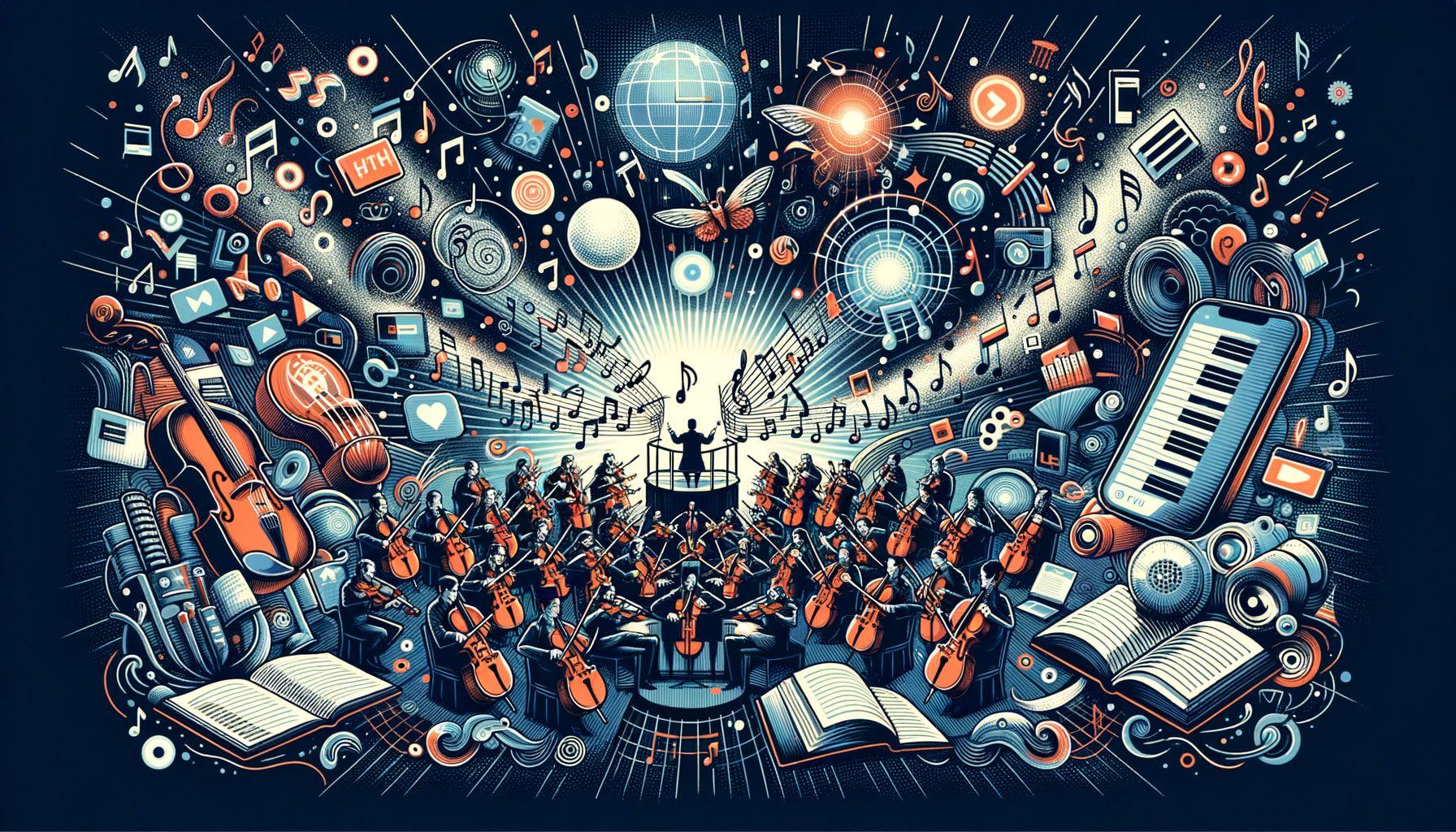 An illustrative banner for a classical music digital article called 'Symphony of Melodies: Unraveling Classical Music in The Era of Digital Consumption'. The image should capture the theme of the article, showcasing motifs like streaming platforms, innovations in digital music technology, and the energetic dynamism in classical music. Set this in a visual analogy of orchestra performance, complete with musicians, digital interfaces and notes of music swirling in the air. Maintain a ratio of 16:9 and a resolution of 1792 pixels.