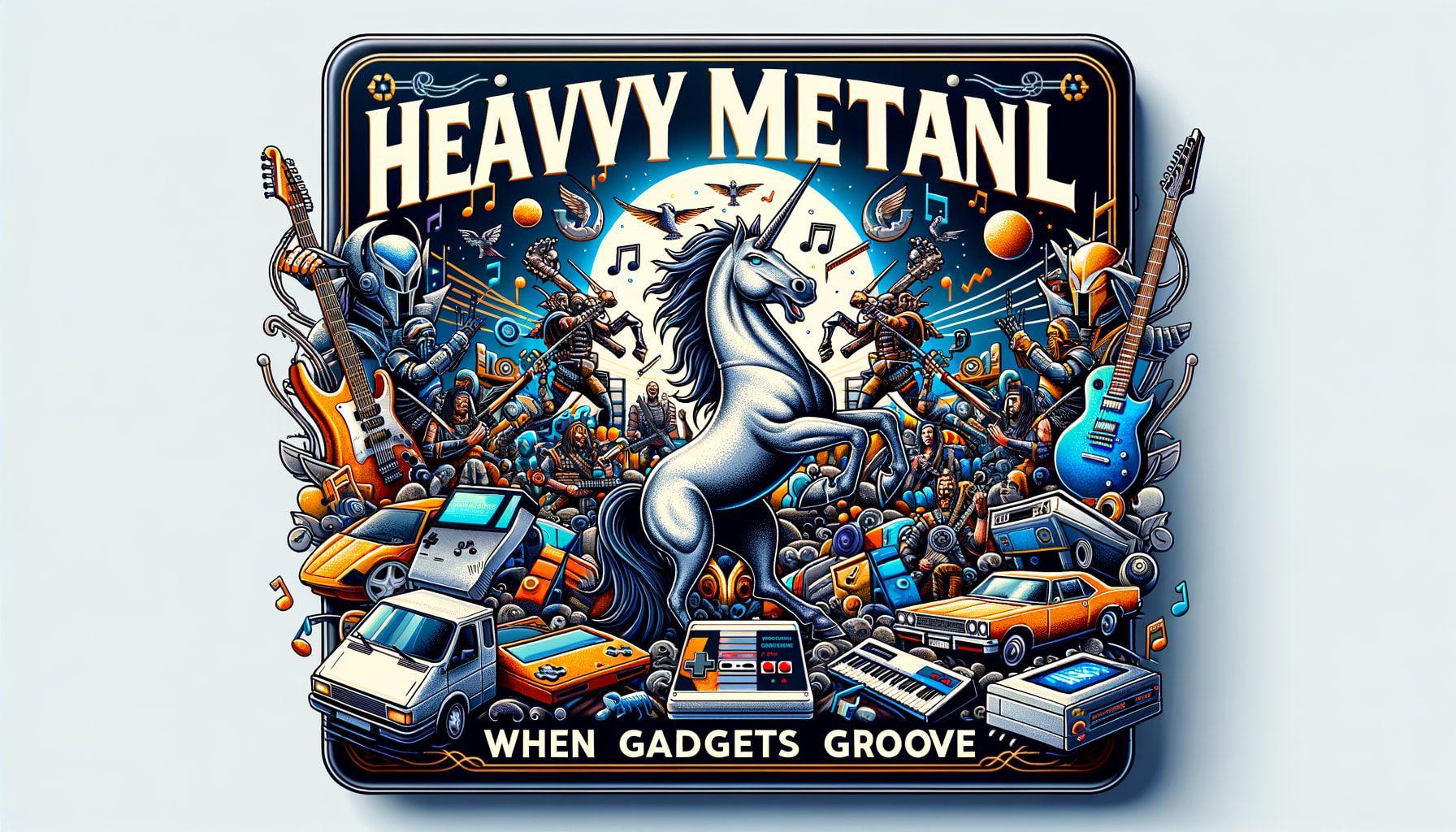 Create an image for a 16:9 ratio article cover about the harmony in metal music. The title of the article is 'Heavy Metal Harmony When Gadgets Groove.' The image should depict the intersection of the world of heavy metal music with various forms of entertainment. Include elements such as video games, a heavy metal dancing horse and some nostalgic technology. Make sure the image width is 1792 pixels.