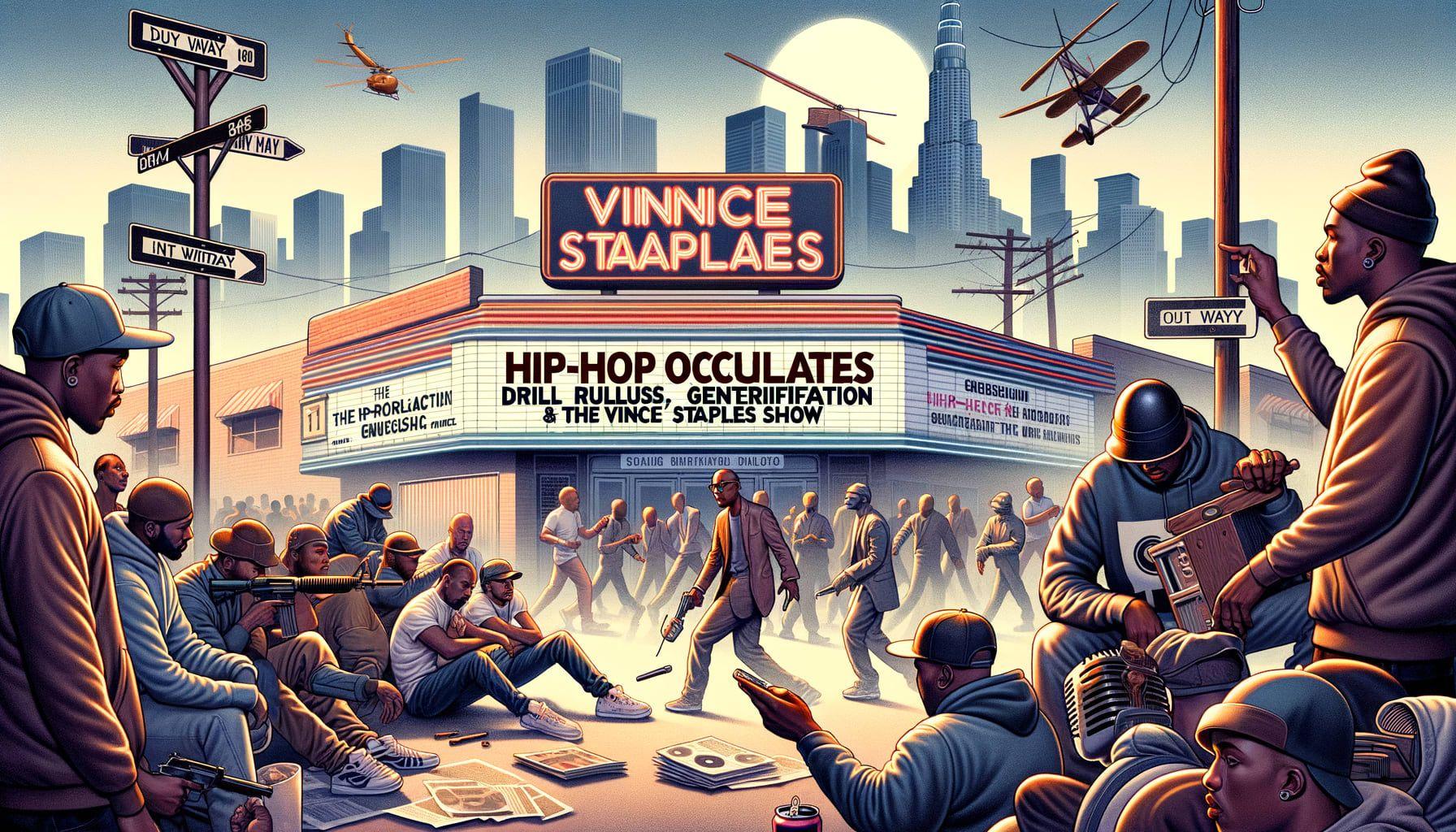 Create a 16:9 ratio image with 1792 pixels, that conceptualizes the title 'Hip-Hop Oscillates: Drill Ruckus, Gentrification & the Vince Staples Show.' The image should visually interpret the socio-political influence of hip-hop as well as the impact of gentrification on the music industry. Depict elements of censorship and the presence of hip-hop artists in Hollywood. Please be sure to represent the atmosphere of hip-hop music and its various influences.