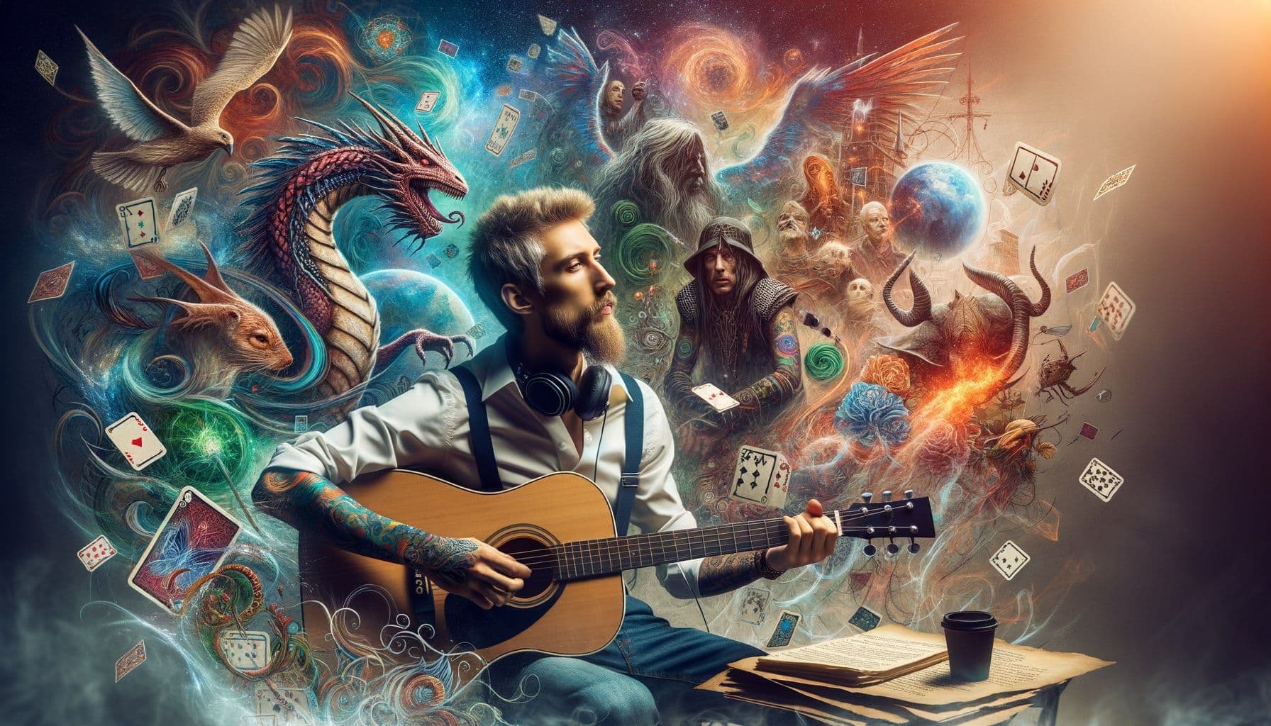 Generate an image for an article with the title: Eclectic artist shuffles from Magic Cards to Country Chords. The image should reflect the eclectic journey of a record-breaking fantasy card game purchase made by a popular tattooed musician, leading to country music collaborations and creation of a medieval-inspired universe. The scene should have a high-resolution of 16:9 ratio with 1792 pixels.