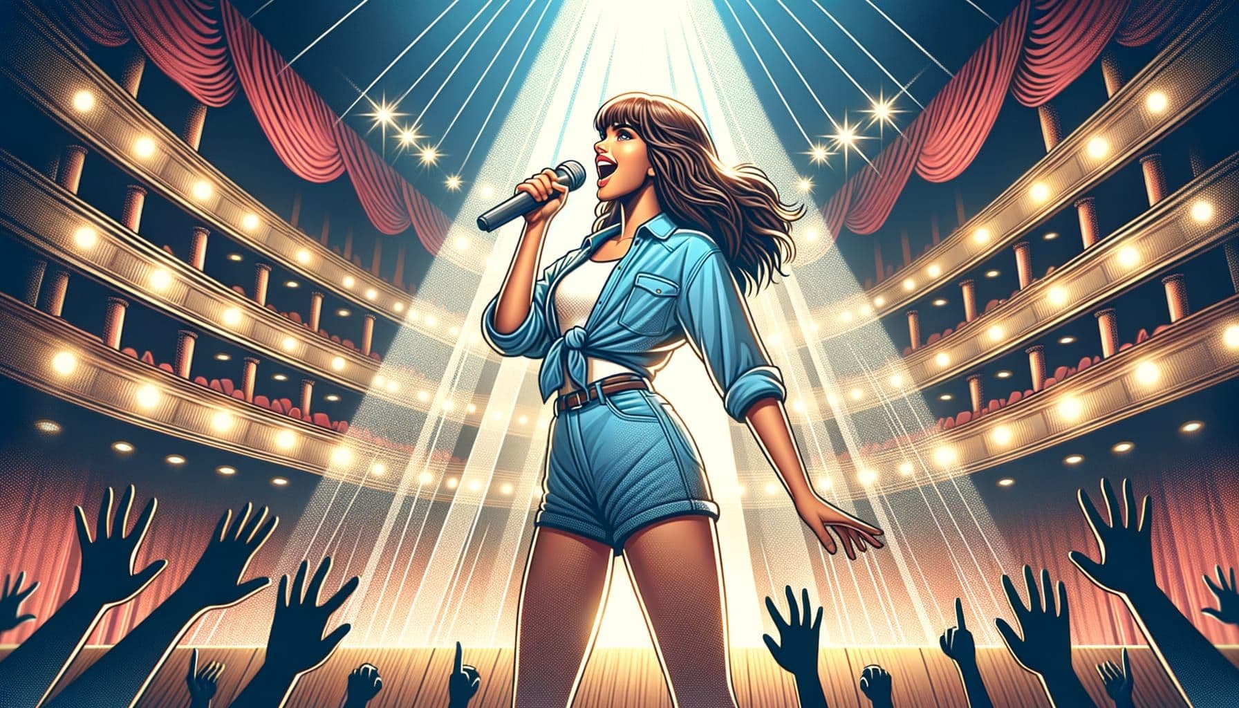 Depict an article titled 'PhenomPop: The Rise to Stardom' featuring an unnamed female pop sensation standing on a grand stage, brimming with enthusiasm and ready to take the world by storm. This image is to be designed in a 16:9 ratio, with a pixel count of 1792.