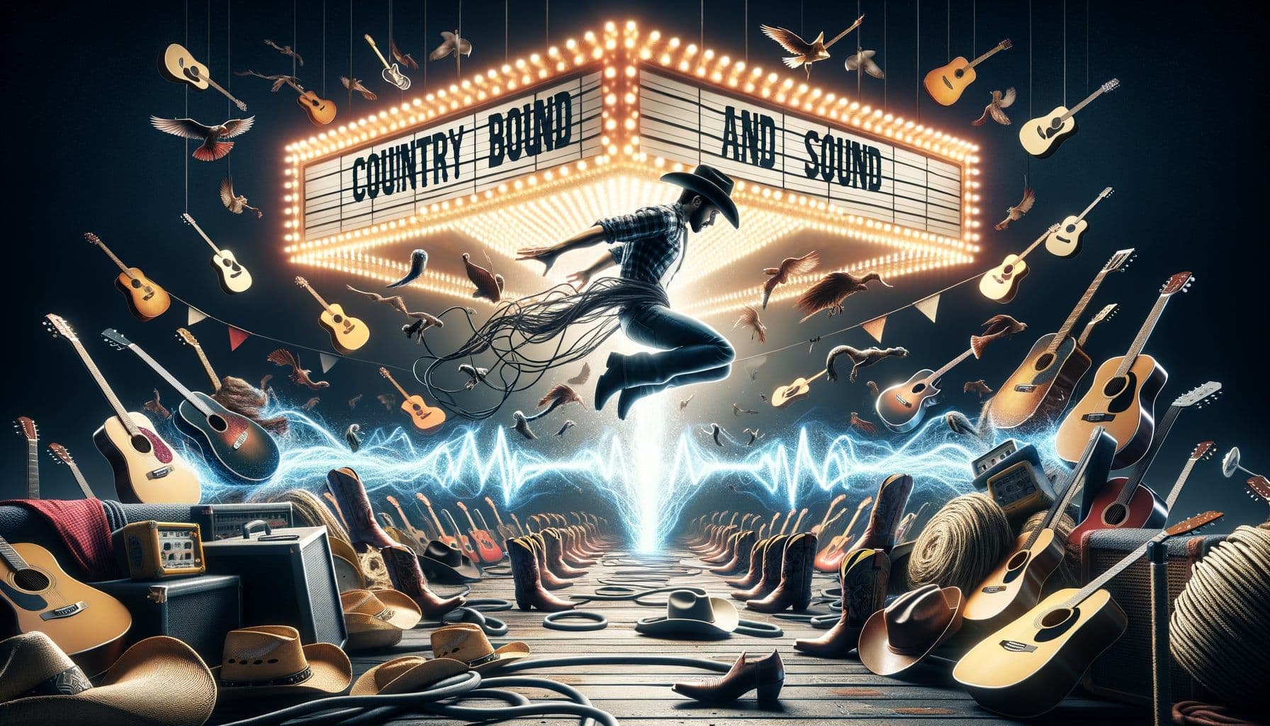 Visual interpretation of a male Hispanic music artist diving into a literal representation of country music. The image is a scene taking place upon a stage covered in western-themed instruments, cowboy hats, boots, and acoustic guitars, all to capture the essence of country music. Emanating from the stage are electrifying waves of sound, representing his potent presence in the music scene. In the background, a brightly lit marquee displays the words 'Country Bound and Sound', reflecting the title of his upcoming album. The image is to be in a 16:9 ratio with 1792 pixels.