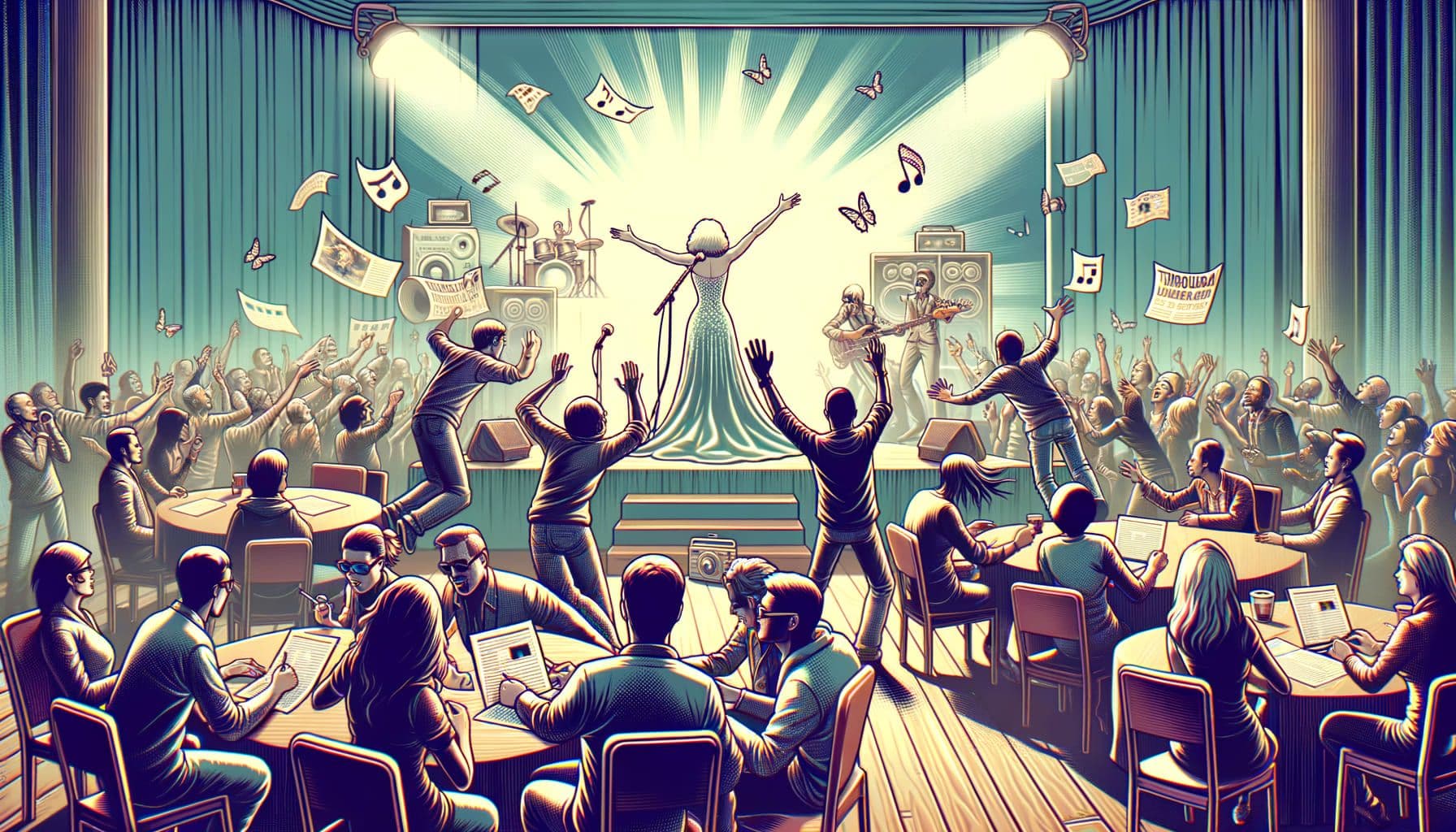 A scene is being depicted from an article: 'Music Lovers Rejoice: Popular Artist's Triumphant Social Media Return and Album Anticipation'. The content is about the grand comeback of a widely cherished female musician's masterpieces to a social media platform, with her fans readying themselves for the imminent release of her new album. All this happens amidst a backdrop filled with misdirections and disputes. This image adheres to a 16:9 aspect ratio and covers 1792 pixels.