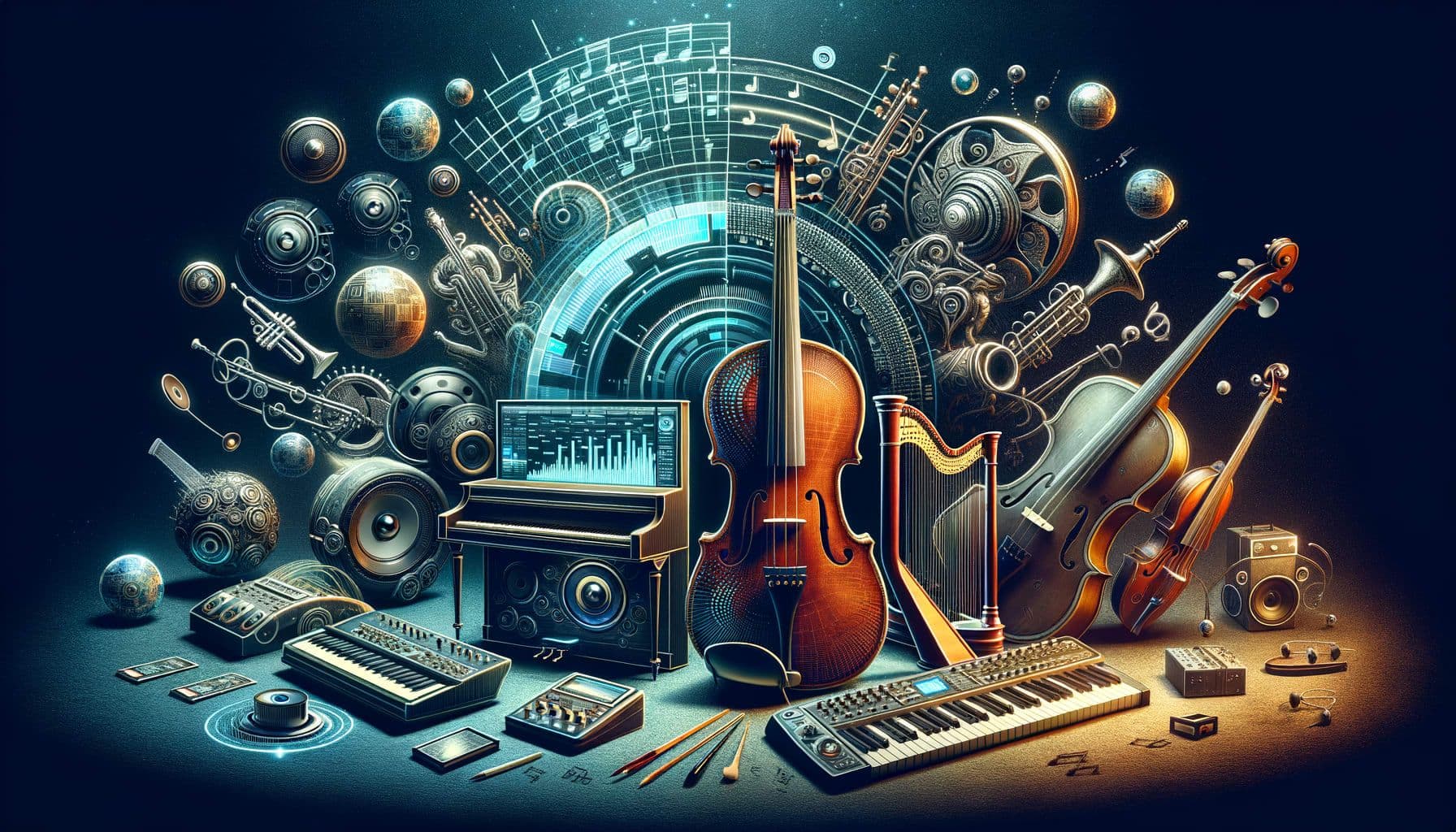 Create a 16:9 ratio image with 1792 pixels showing the title 'Syncing to the Sound - The Classical Beat Redefined'. The image should depict modern interpretations of classical music. Show various elements that signify innovation in music, like futuristic musical instruments or a digital interface for composing music. Also, the image should convey tradition, such as an antique violin or a grand piano, to represent the classical part. There could be a subtle reference to a stage, indicating the context of SXSW. Please refrain from manifesting any specific band or group.