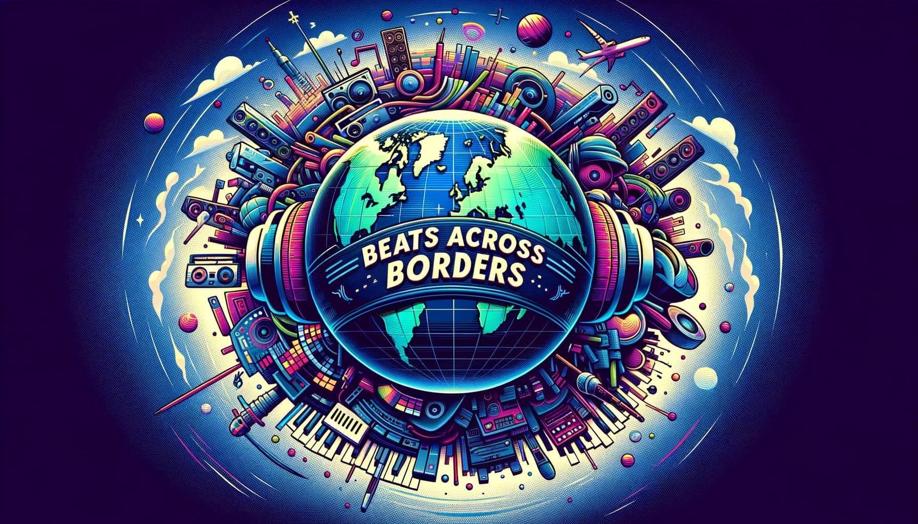 Create an image representative of hip-hop culture with the title 'BeatsAcrossBorders'. Imagine a globe as the central element, symbolizing geographical limits being defied. Visually manifest the fusion of multi-genre elements to depict a musical revolution happening in hip-hop culture. The color scheme should reflect the energy and vibrancy of this music style. The aspect ratio should be 16:9, and the resolution should be 1792 pixels.