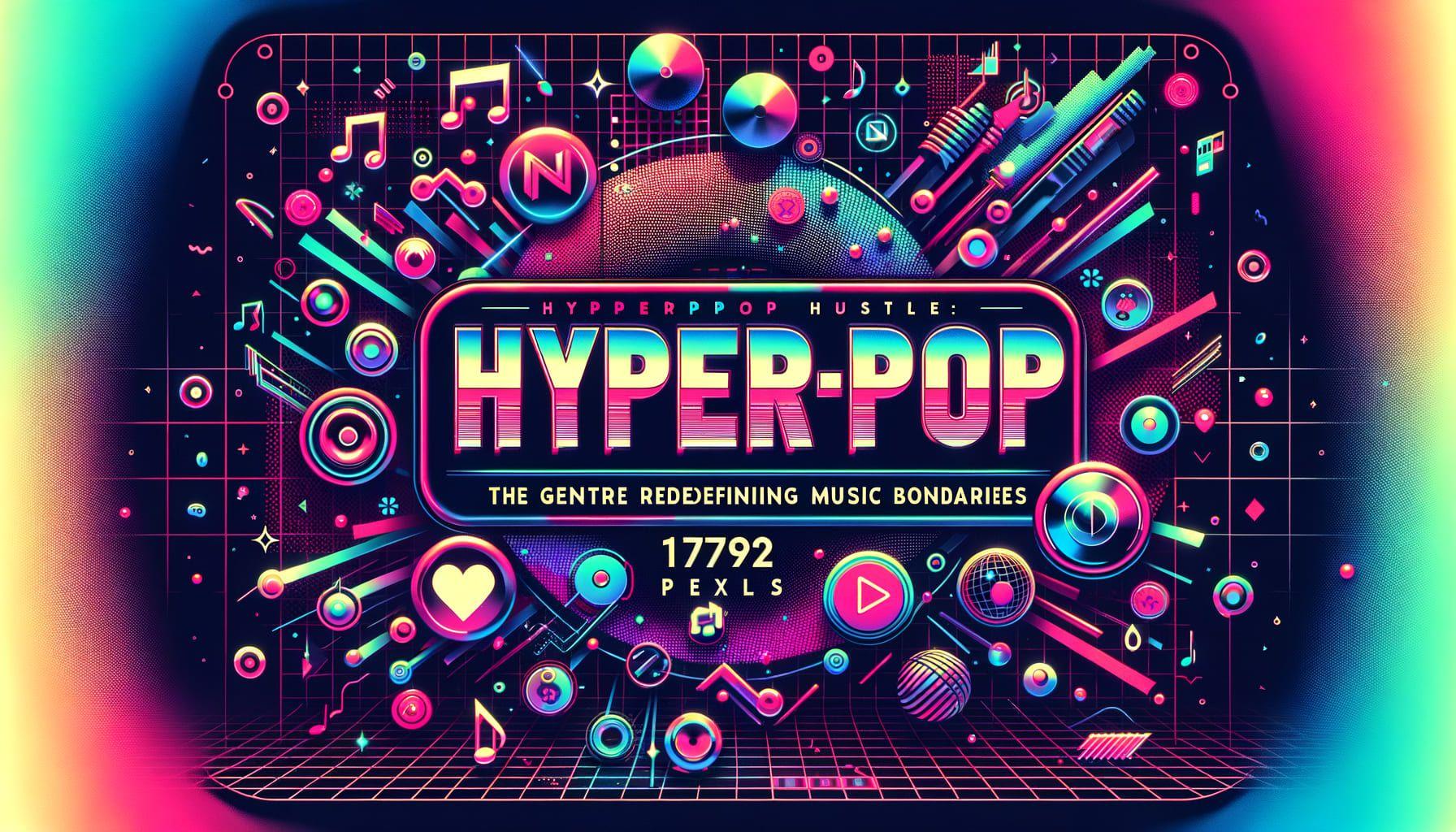 Create a digital design capturing the essence of the music genre hyperpop. Showcase its vibrant, eclectic nature with a background filled with neon shades, music symbols floating around, and visual representations of 'new releases, collaborations, and viral trends'. The image should have 1792 pixels and be in a 16:9 ratio. Across the top, put the title 'Hyperpop Hustle: The Genre Redefining Music Boundaries' in a modern, edgy font design that corresponds with the hyperpop aesthetics.