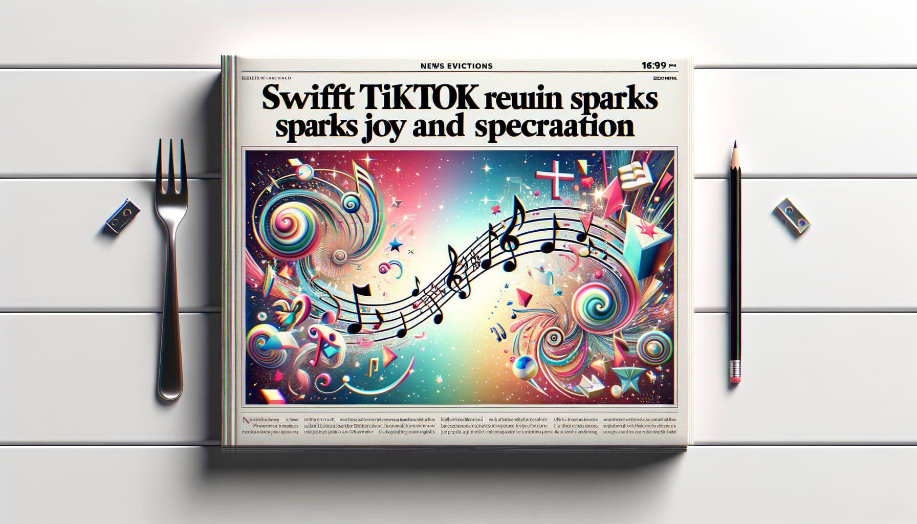 An article about an influential musician's music making a grand comeback on a popular social media platform right before her new album release. The headline 'SwiftTikTokReunionSparksJoyAndSpeculation' sets the tone, with fans and critics stirring excitement and conjectures. Represent the joyous mood with images showcasing musical notes, an album, and abstract symbols of joy and speculation. The design should be in a 16:9 ratio with the precise resolution of 1792 pixels.